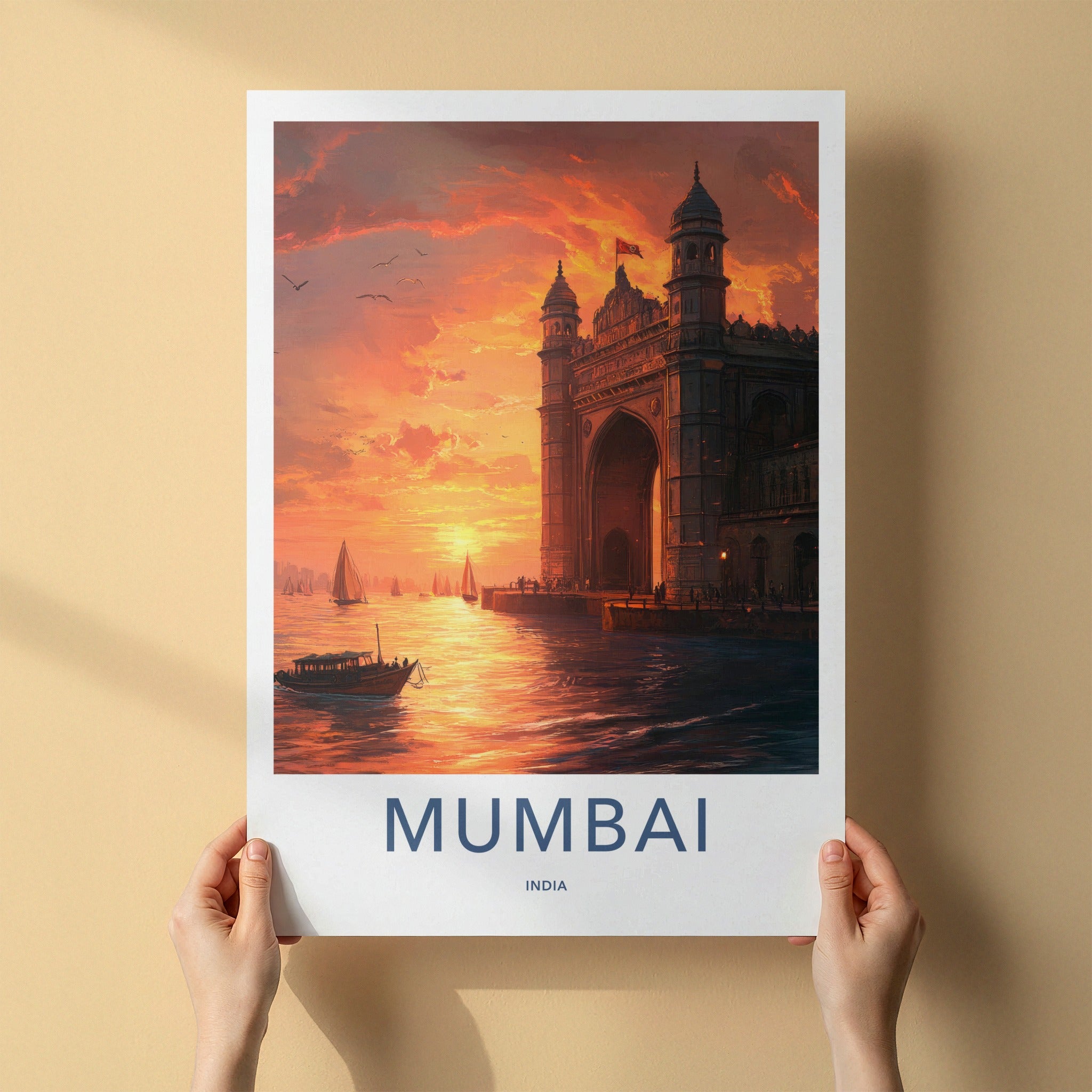 Mumbai Poster - India Travel Print - Maharashtra Gateway Sunset Boats Framed Decor