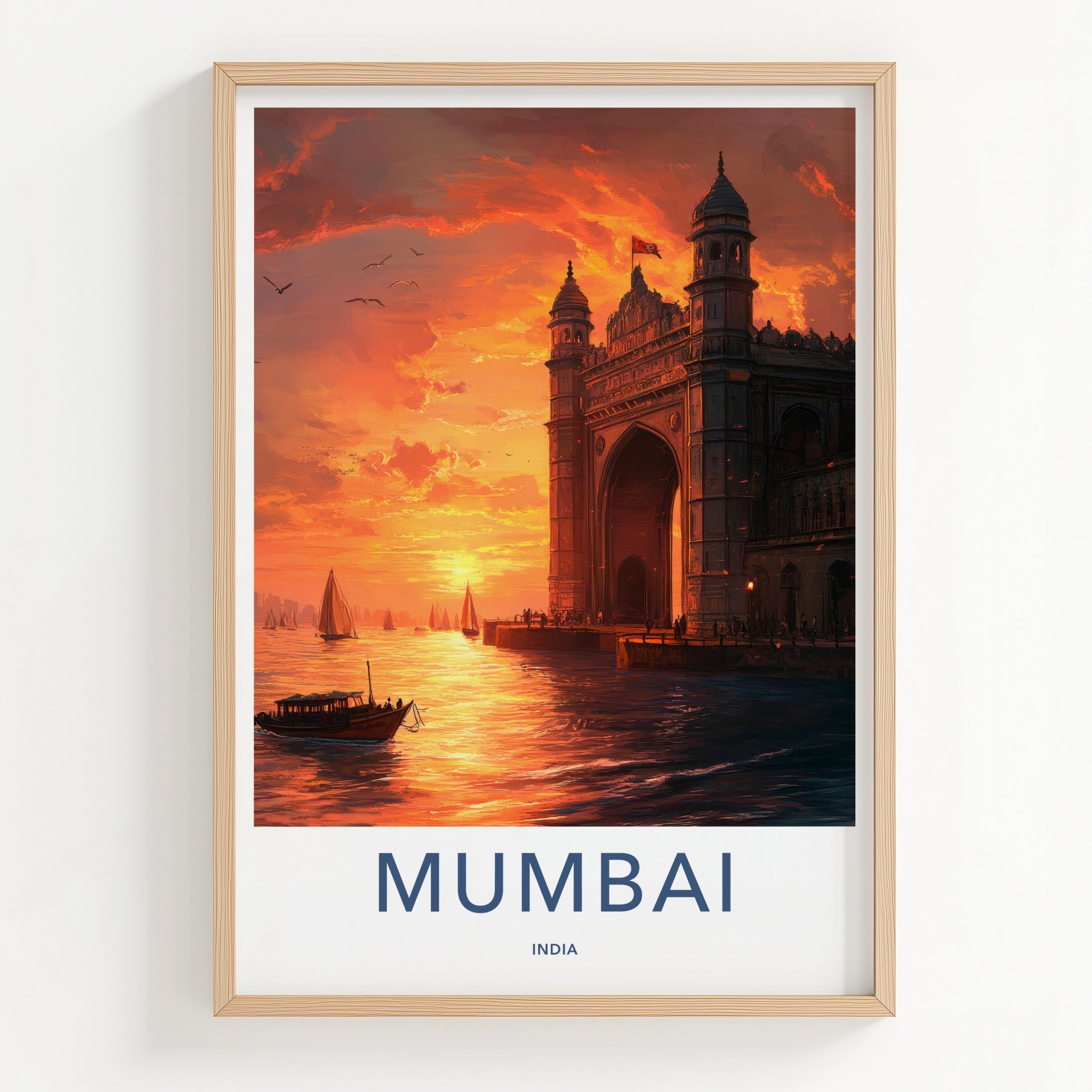 Mumbai Poster - India Travel Print - Maharashtra Gateway Sunset Boats Framed Decor