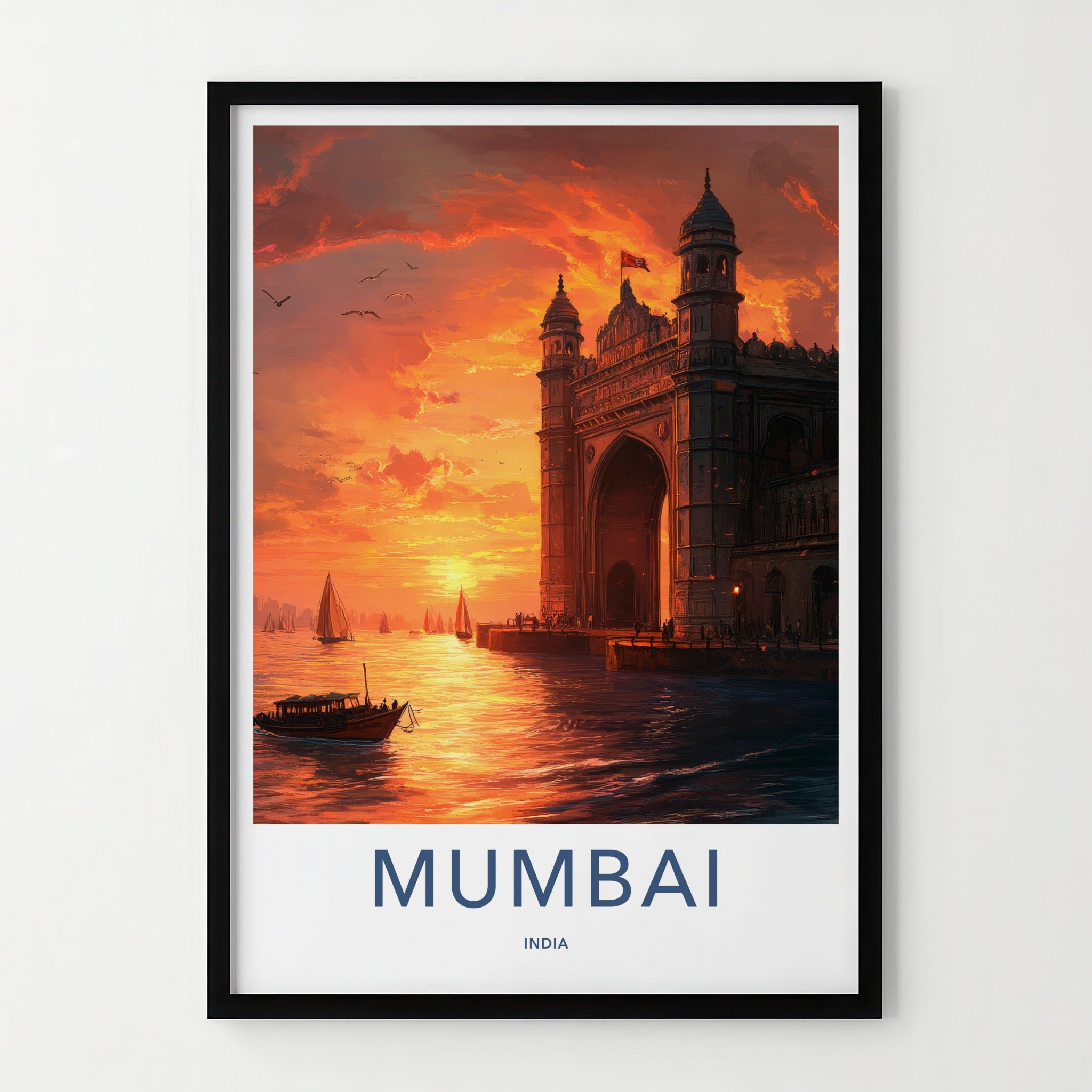 Mumbai Poster - India Travel Print - Maharashtra Gateway Sunset Boats Framed Decor