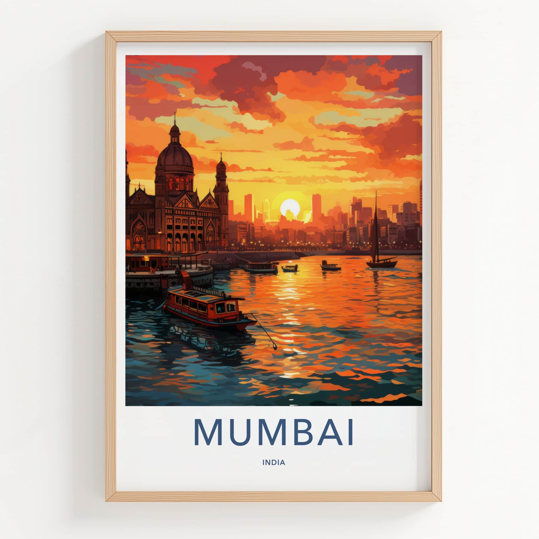 Mumbai Poster - India Travel Print - Maharashtra Sunset Harbor Framed Decor