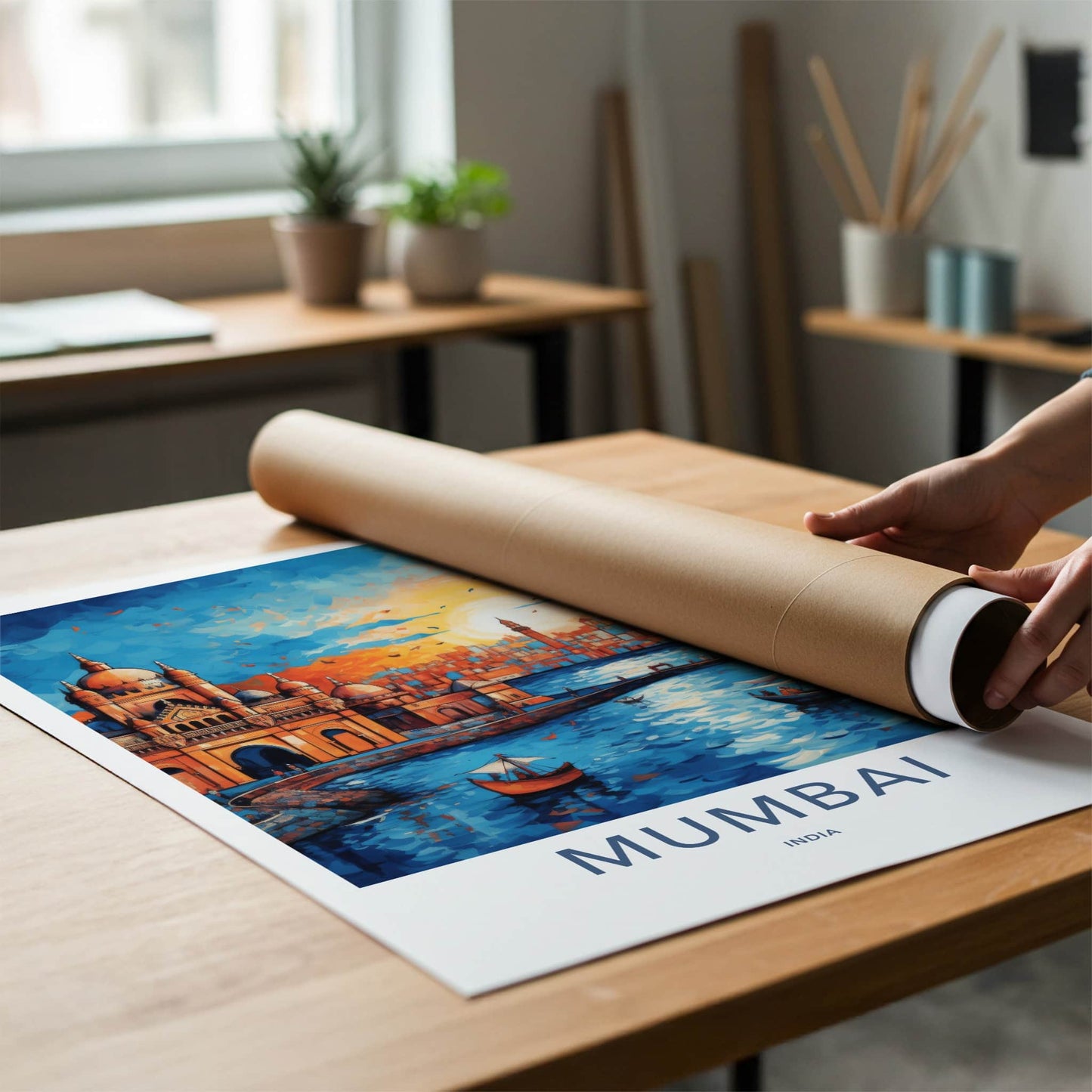 Mumbai Poster - India Wall Art - Maharashtra Boats City Sunset Home Decor