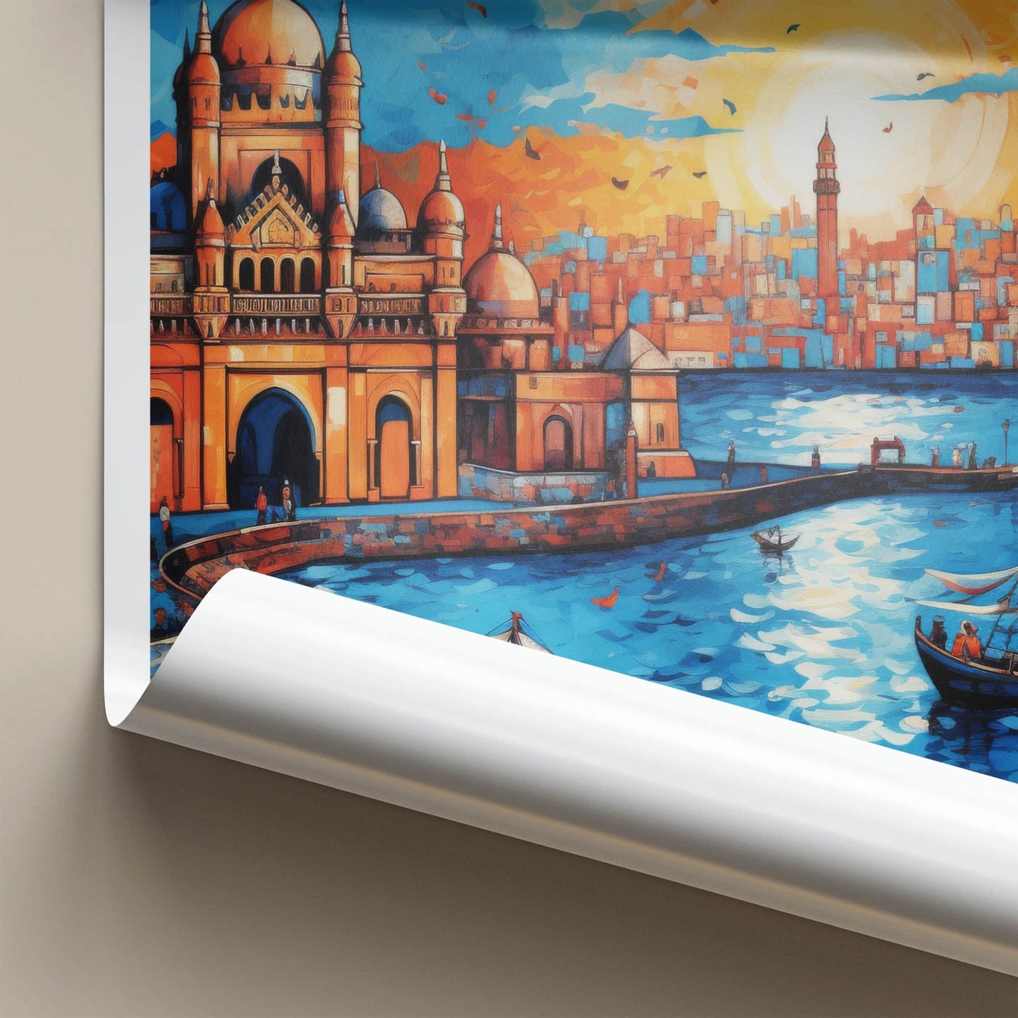 Mumbai Poster - India Wall Art - Maharashtra Boats City Sunset Home Decor