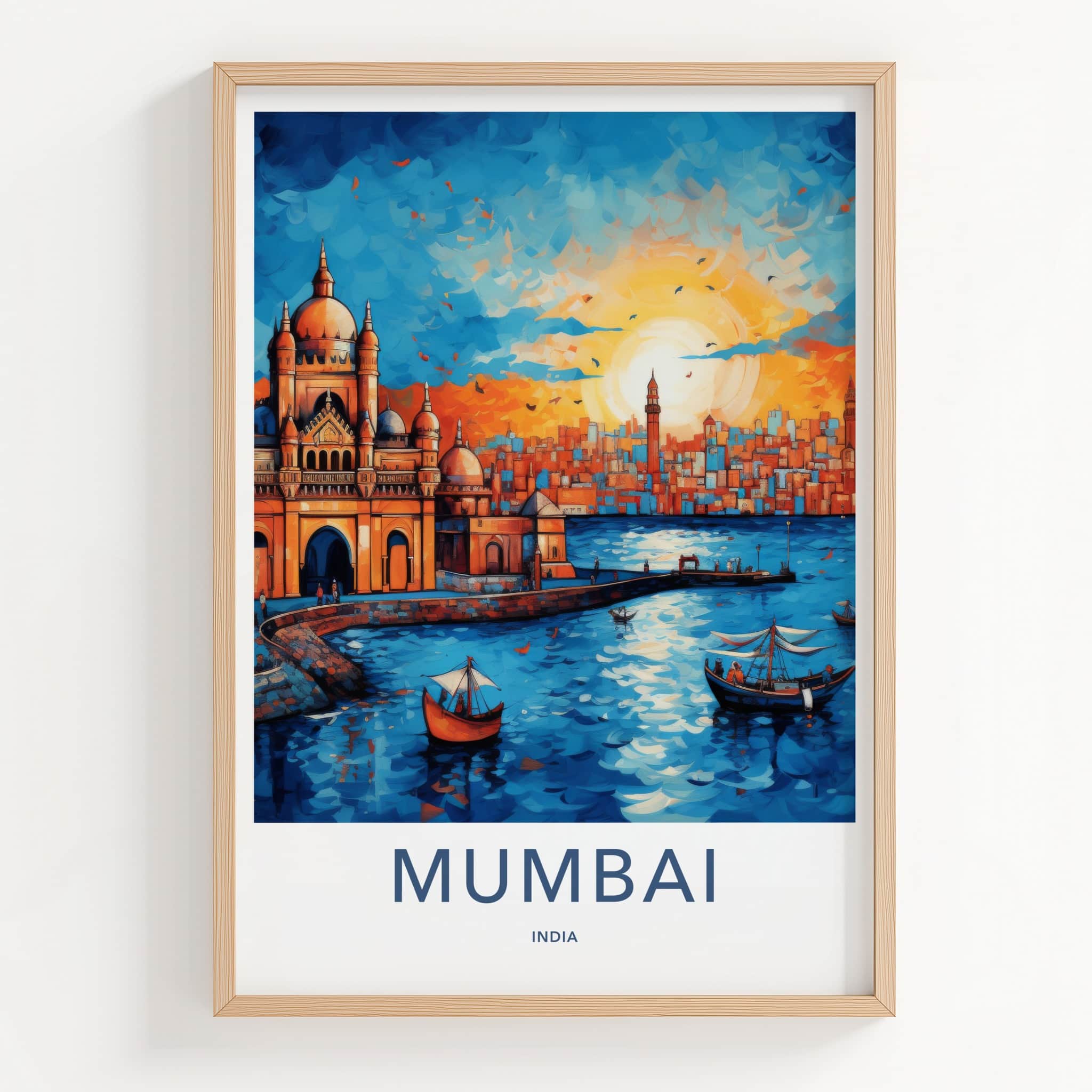 Mumbai Poster - India Wall Art - Maharashtra Boats City Sunset Home Decor