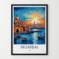 Mumbai Poster - India Wall Art - Maharashtra Boats City Sunset Home Decor