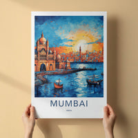 Mumbai Poster - India Wall Art - Maharashtra Boats City Sunset Home Decor