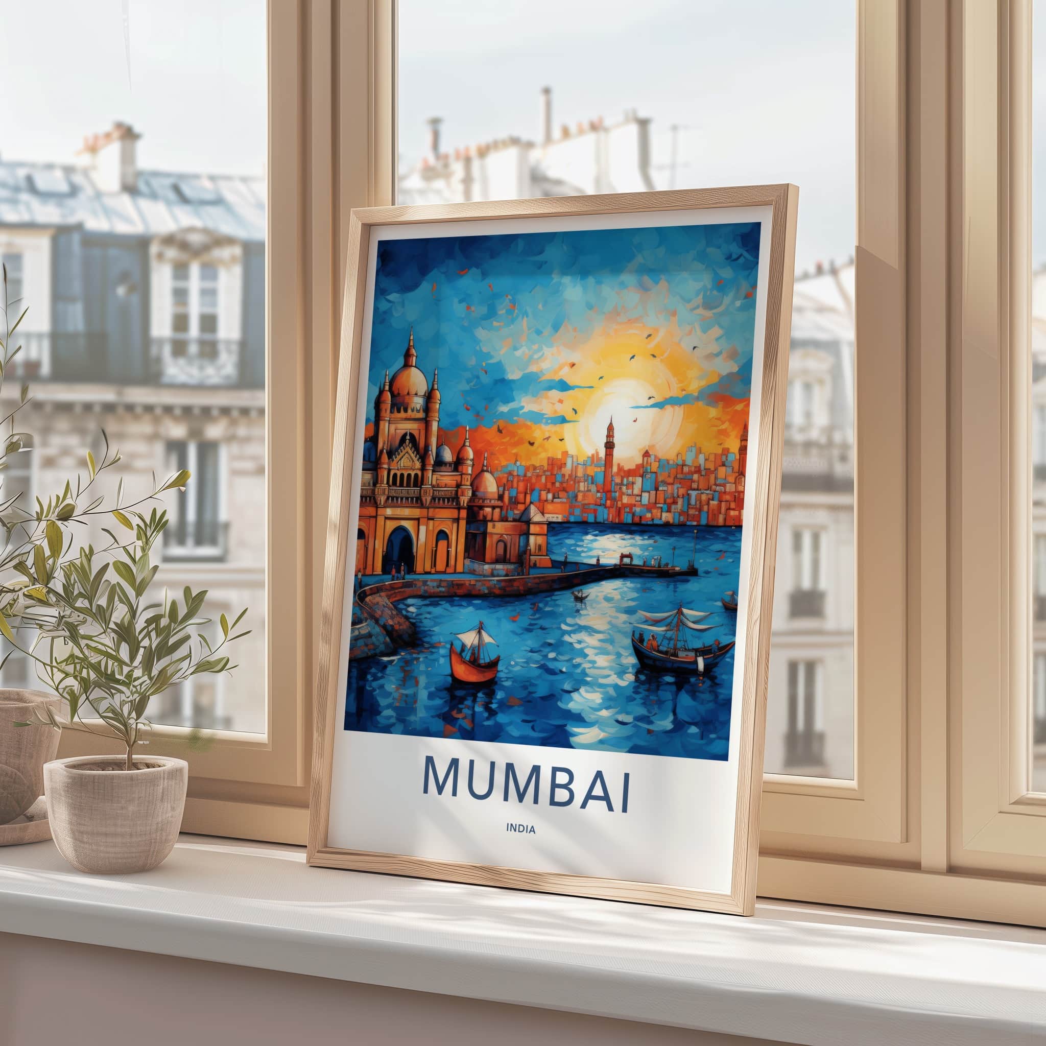 Mumbai Poster - India Wall Art - Maharashtra Boats City Sunset Home Decor