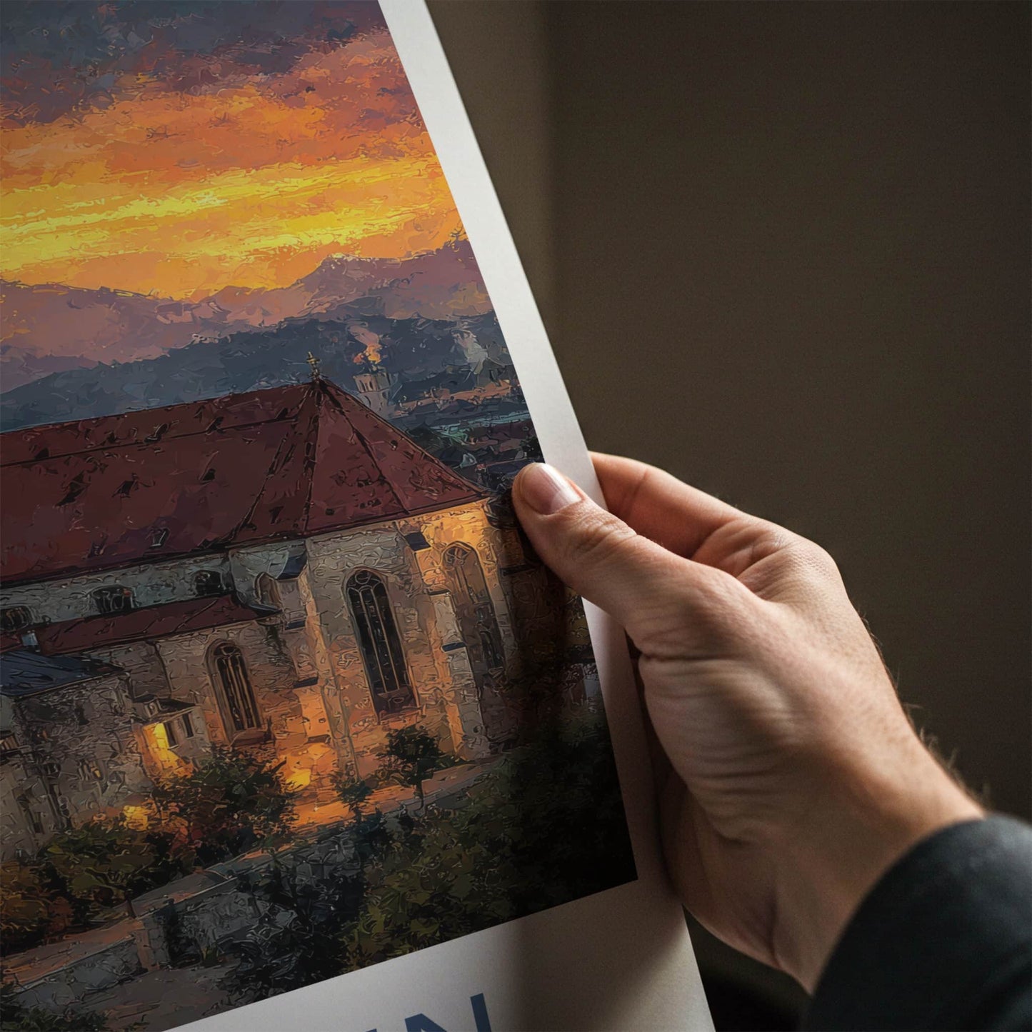 Munchen Poster - Germany Travel Art - Church Sunset Mountains Home Decor