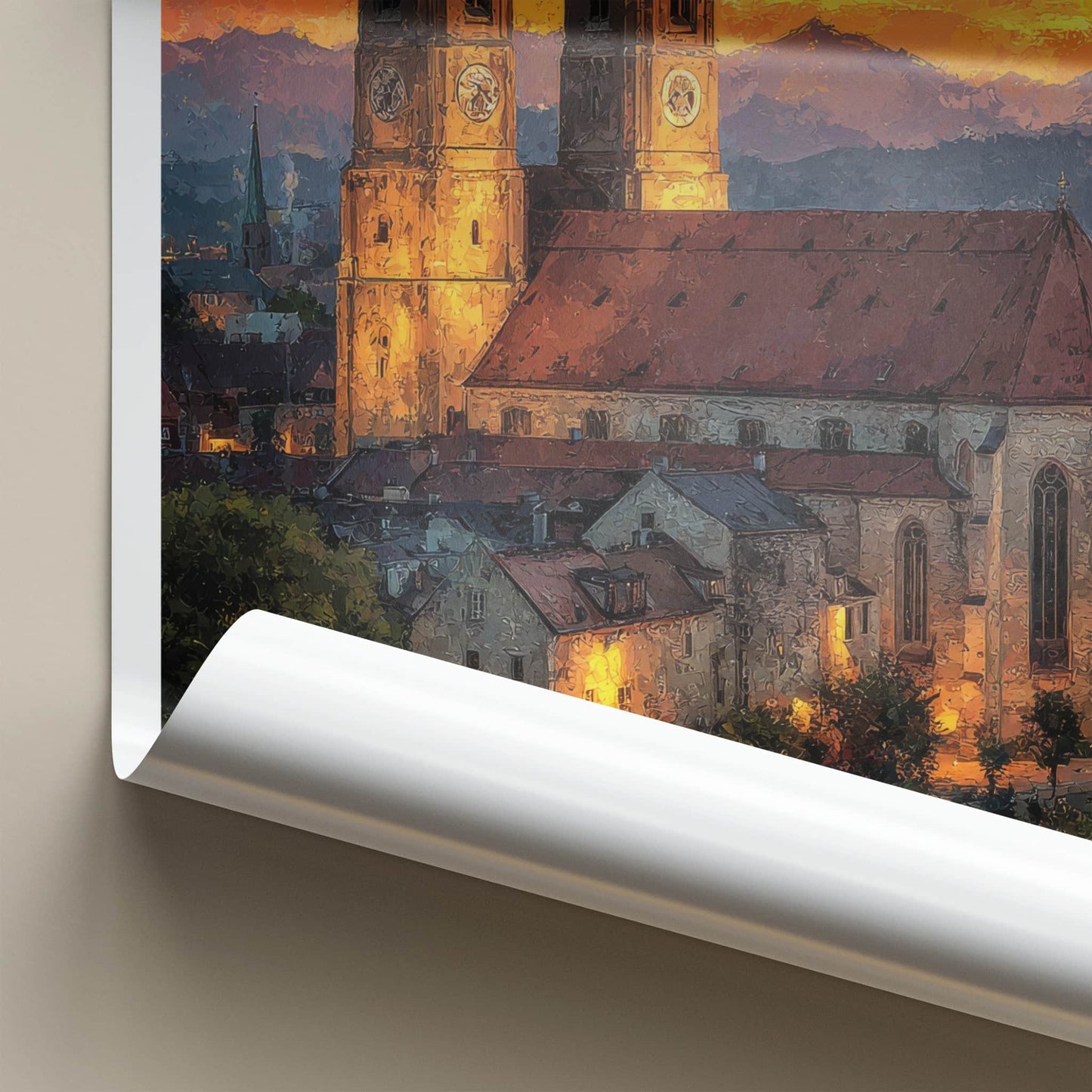Munchen Poster - Germany Travel Art - Church Sunset Mountains Home Decor