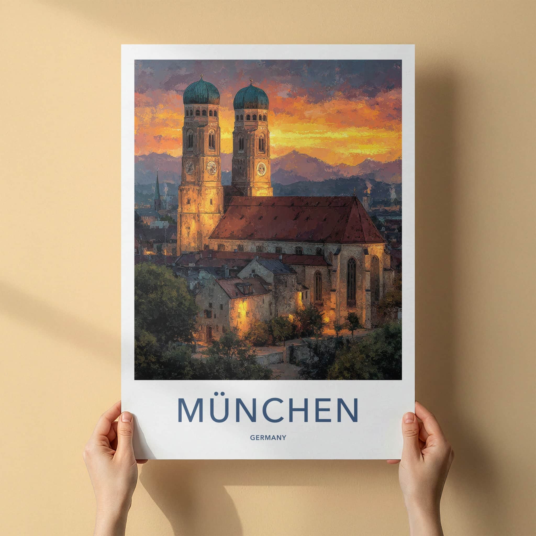 Munchen Poster - Germany Travel Art - Church Sunset Mountains Home Decor