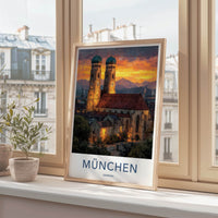 Munchen Poster - Germany Travel Art - Church Sunset Mountains Home Decor