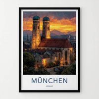 Munchen Poster - Germany Travel Art - Church Sunset Mountains Home Decor