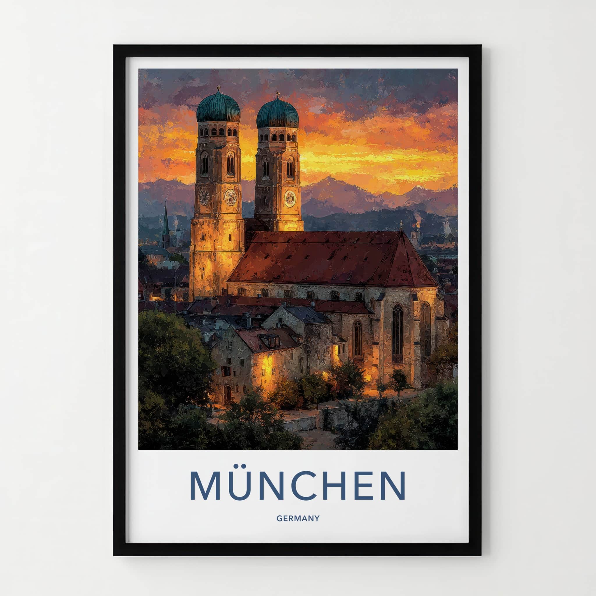 Munchen Poster - Germany Travel Art - Church Sunset Mountains Home Decor