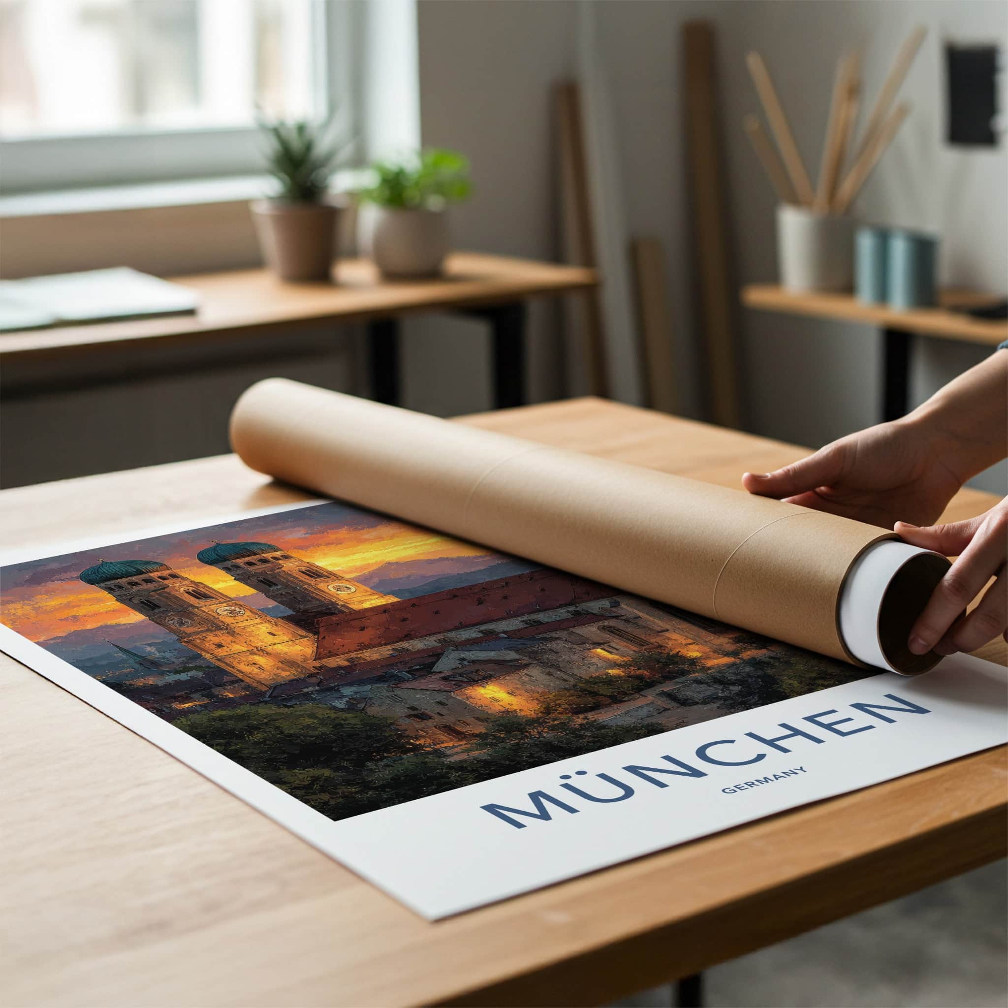 Munchen Poster - Germany Travel Art - Church Sunset Mountains Home Decor