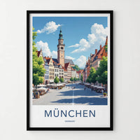 Munchen Poster - Germany Travel Art - Historic Clock Tower Home Decor