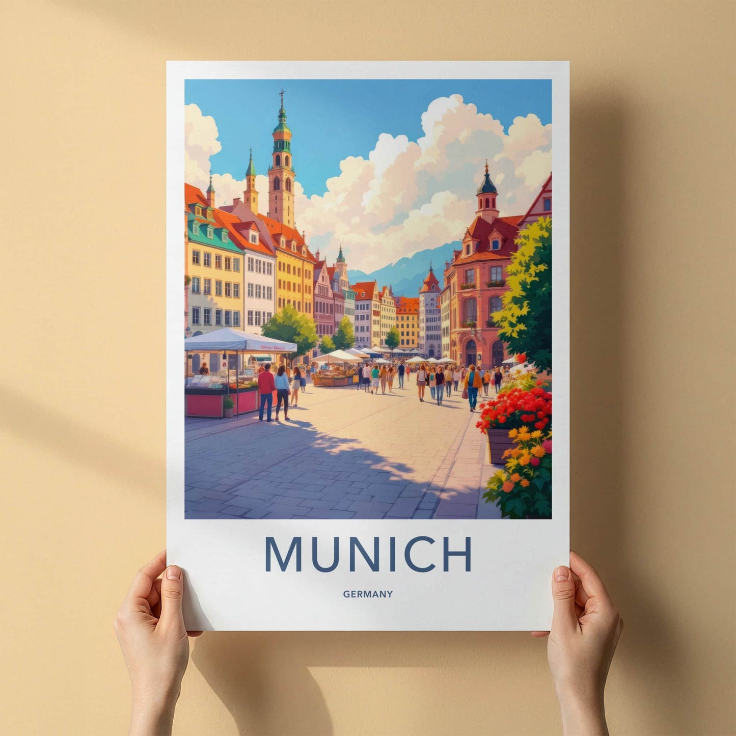 Munich Poster - Germany Travel Art - Bustling Market Square Wall Decor