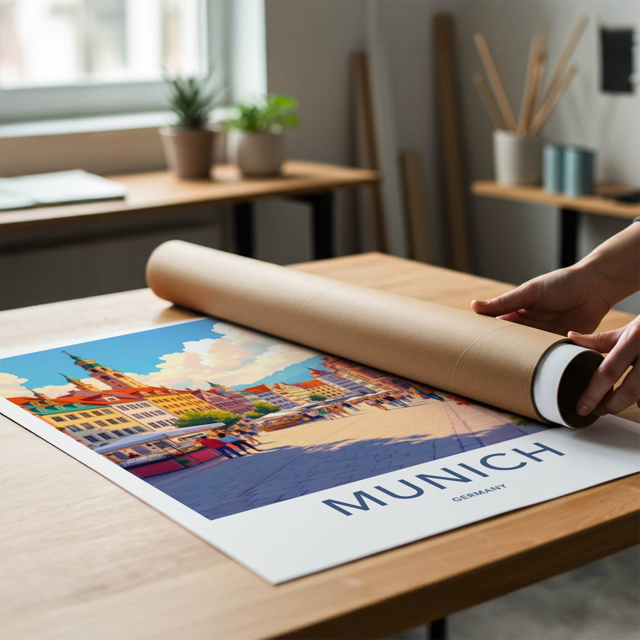 Munich Poster - Germany Travel Art - Bustling Market Square Wall Decor