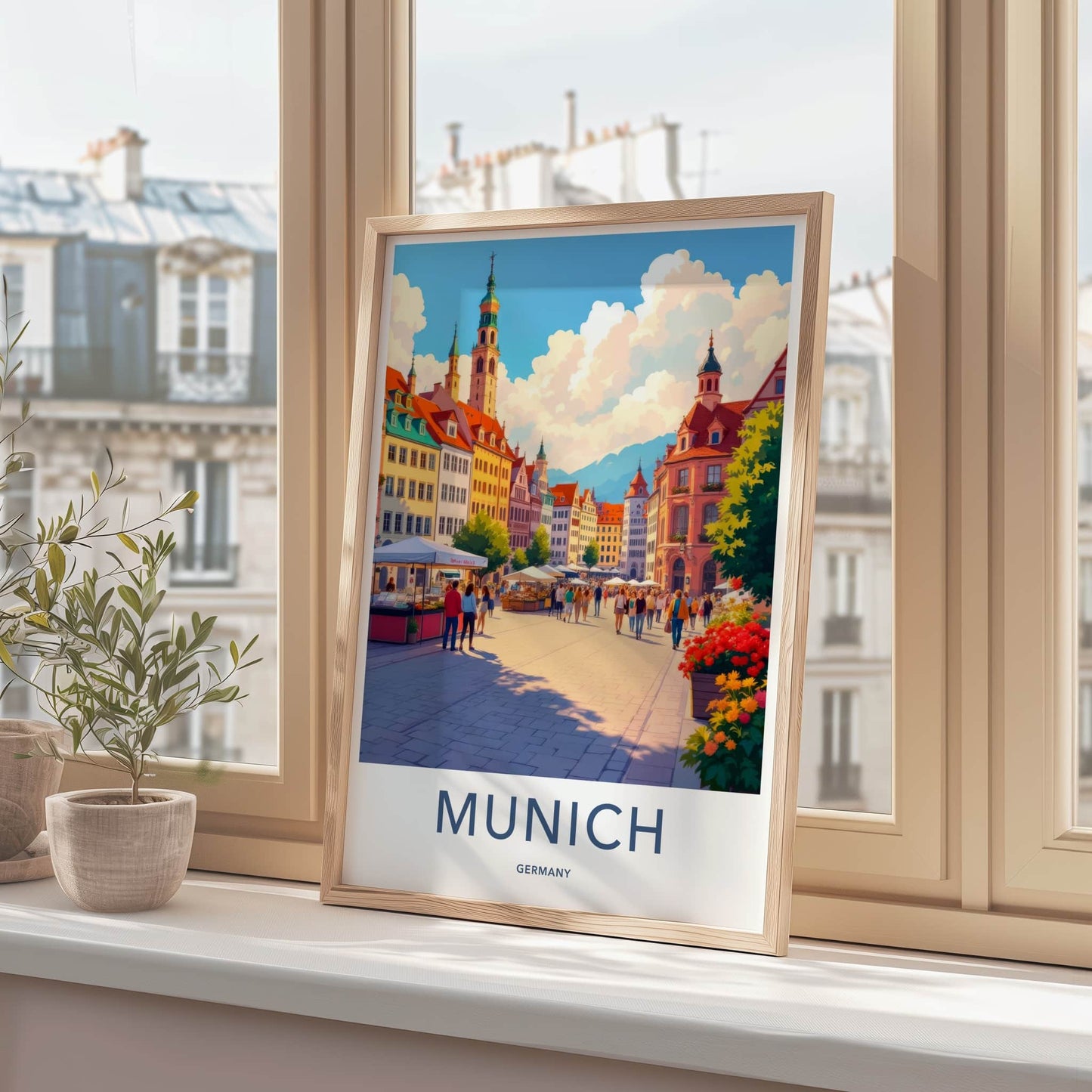 Munich Poster - Germany Travel Art - Bustling Market Square Wall Decor