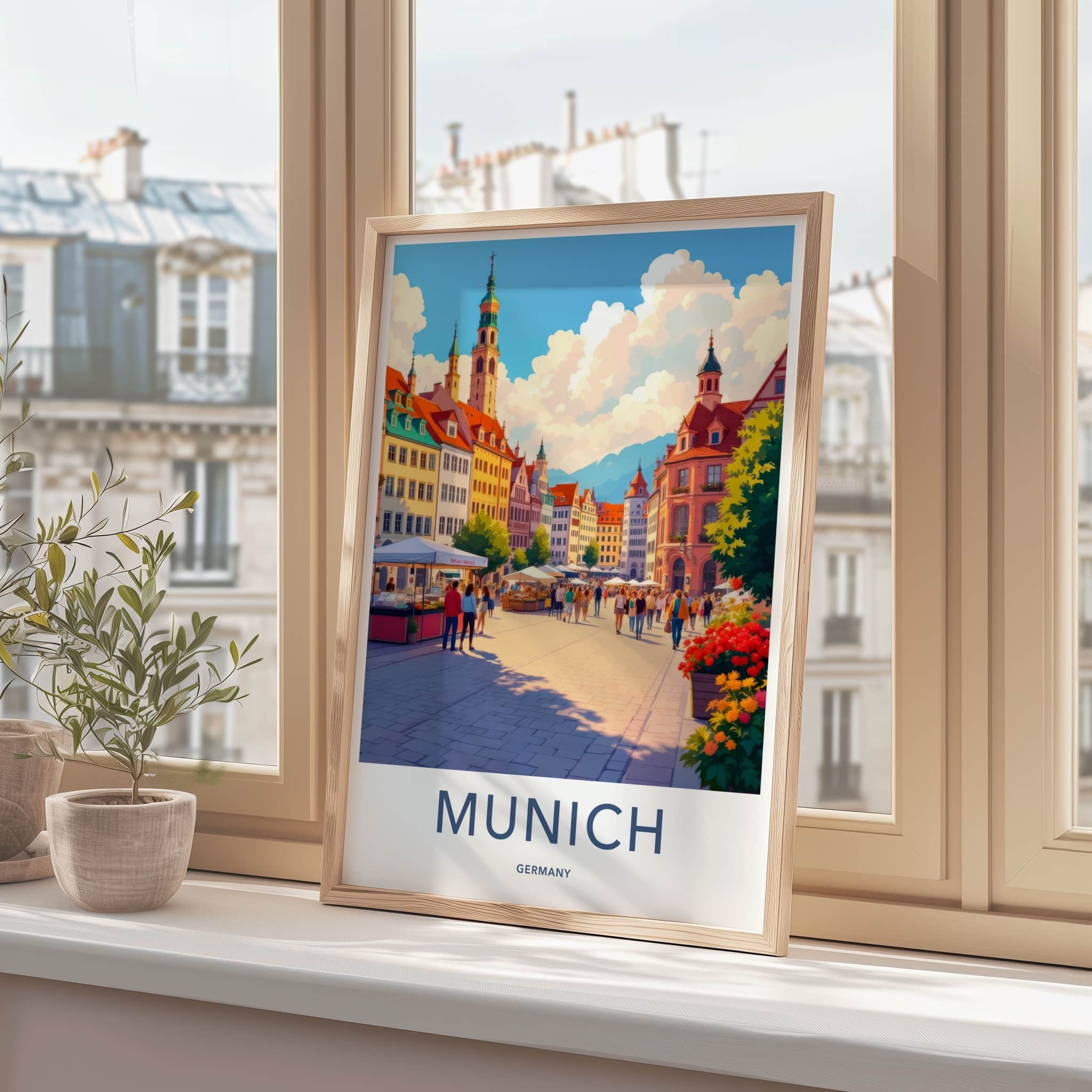 Munich Poster - Germany Travel Art - Bustling Market Square Wall Decor