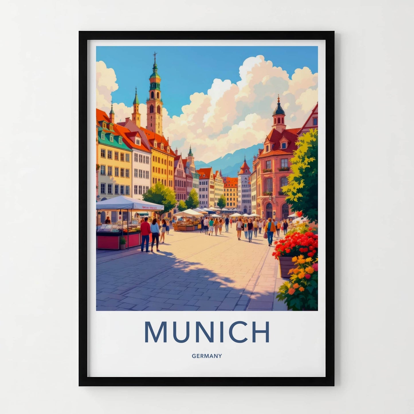 Munich Poster - Germany Travel Art - Bustling Market Square Wall Decor