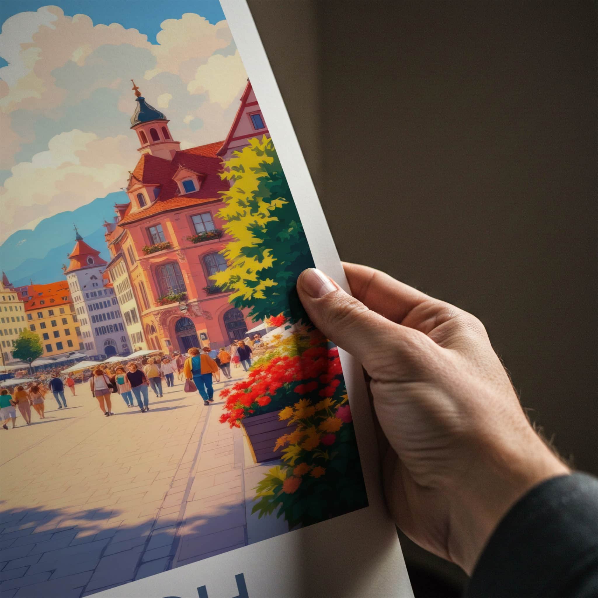 Munich Poster - Germany Travel Art - Bustling Market Square Wall Decor