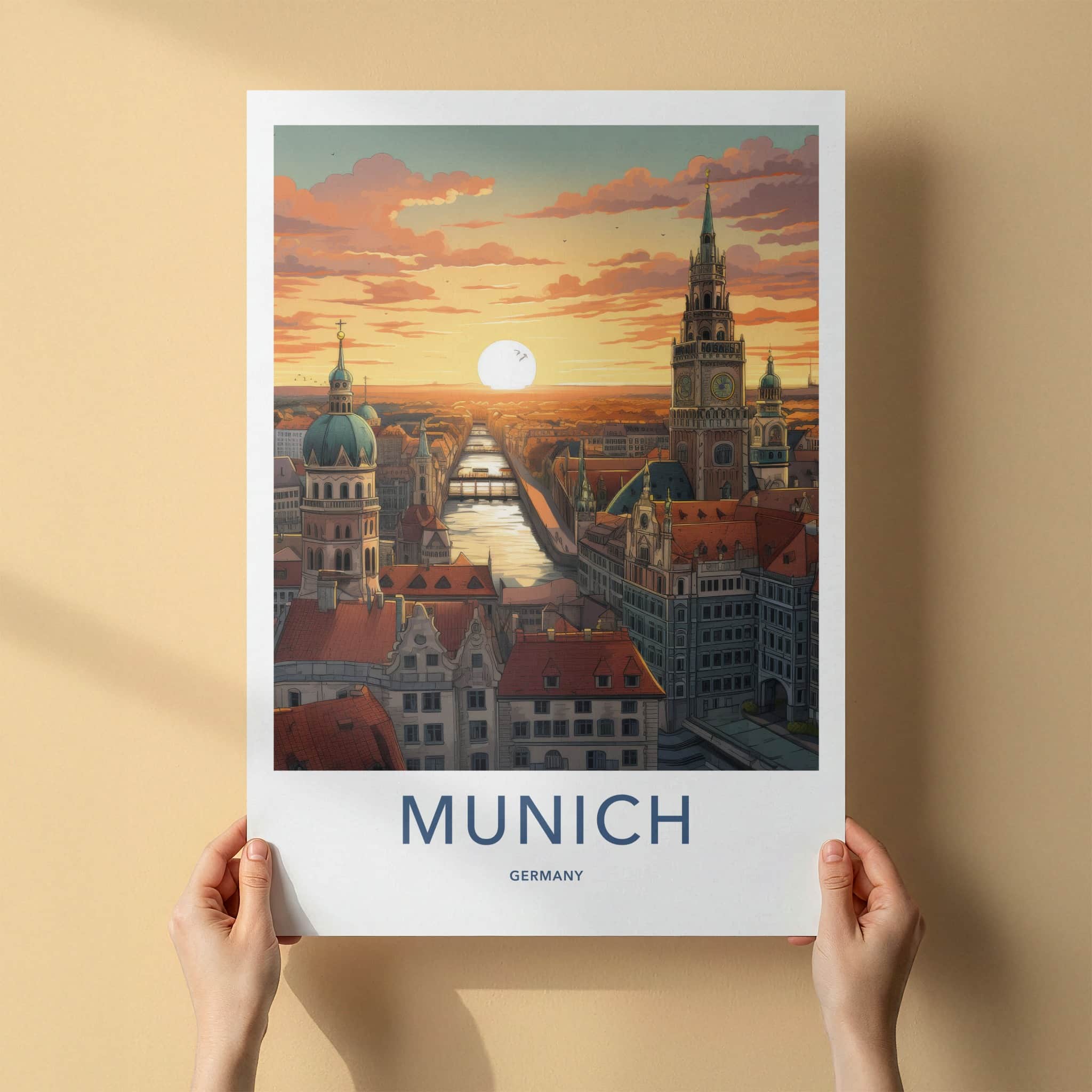 Munich Poster - Germany Travel Art - Cityscape River Sunset Home Decor