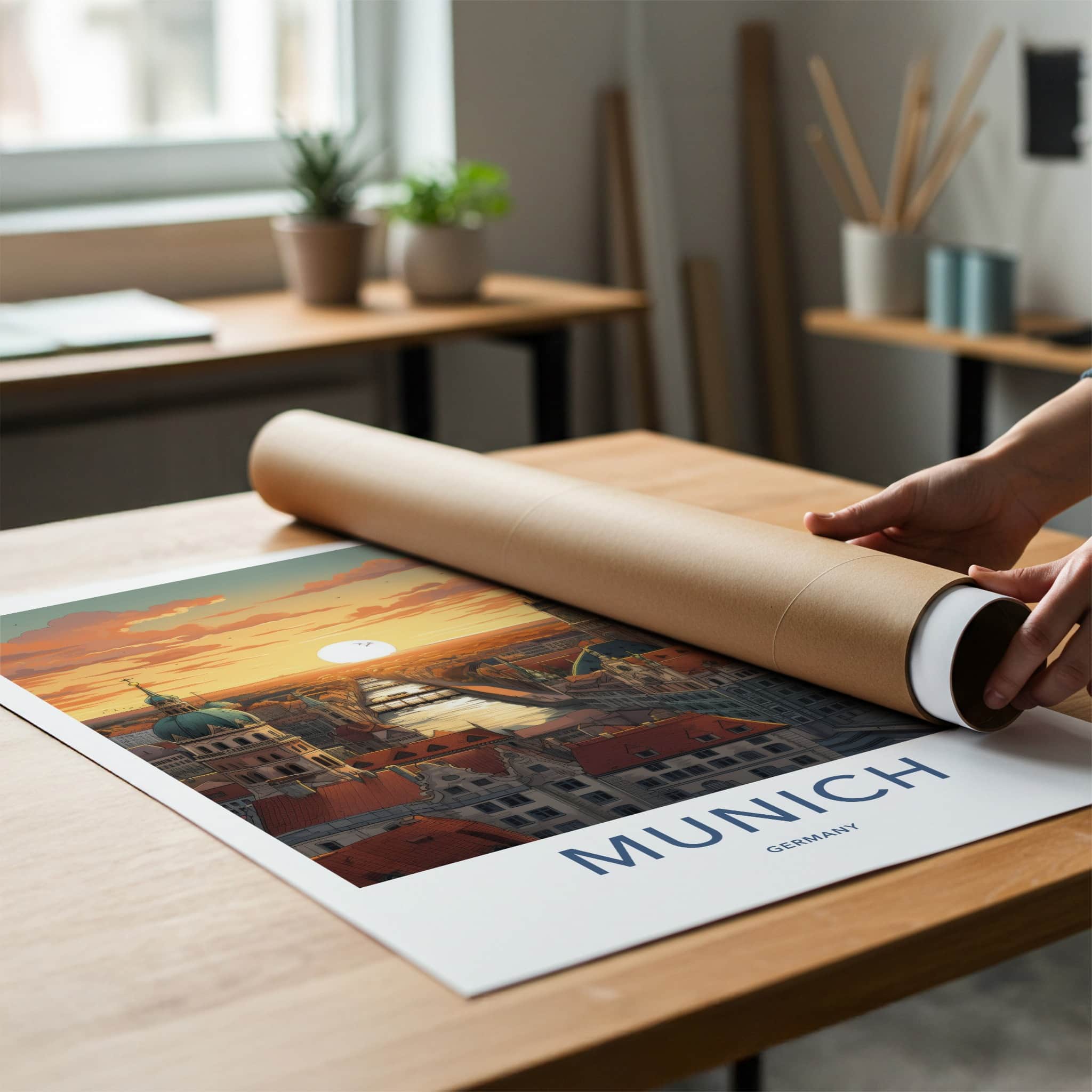 Munich Poster - Germany Travel Art - Cityscape River Sunset Home Decor