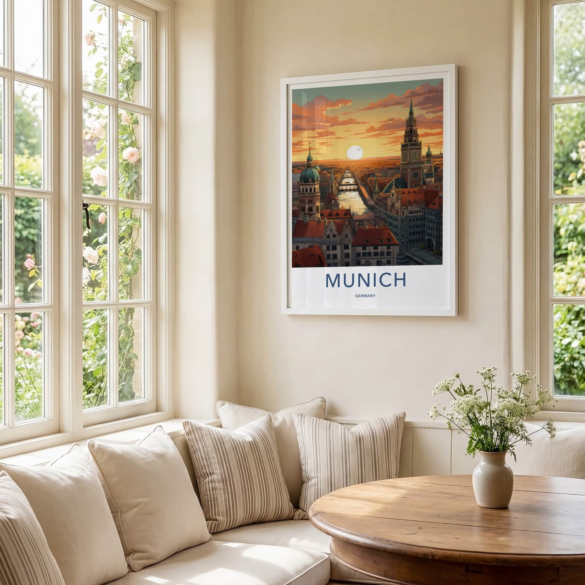 Munich Poster - Germany Travel Art - Cityscape River Sunset Home Decor