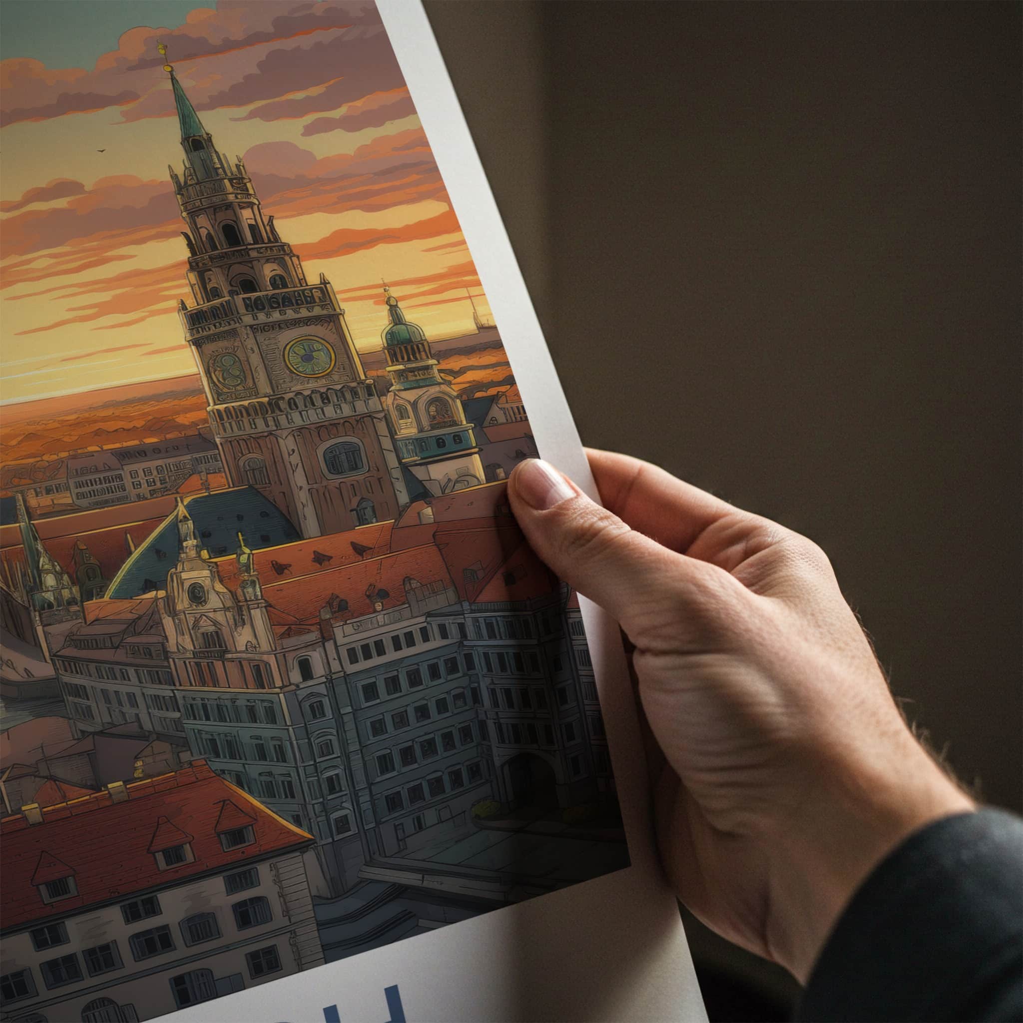 Munich Poster - Germany Travel Art - Cityscape River Sunset Home Decor