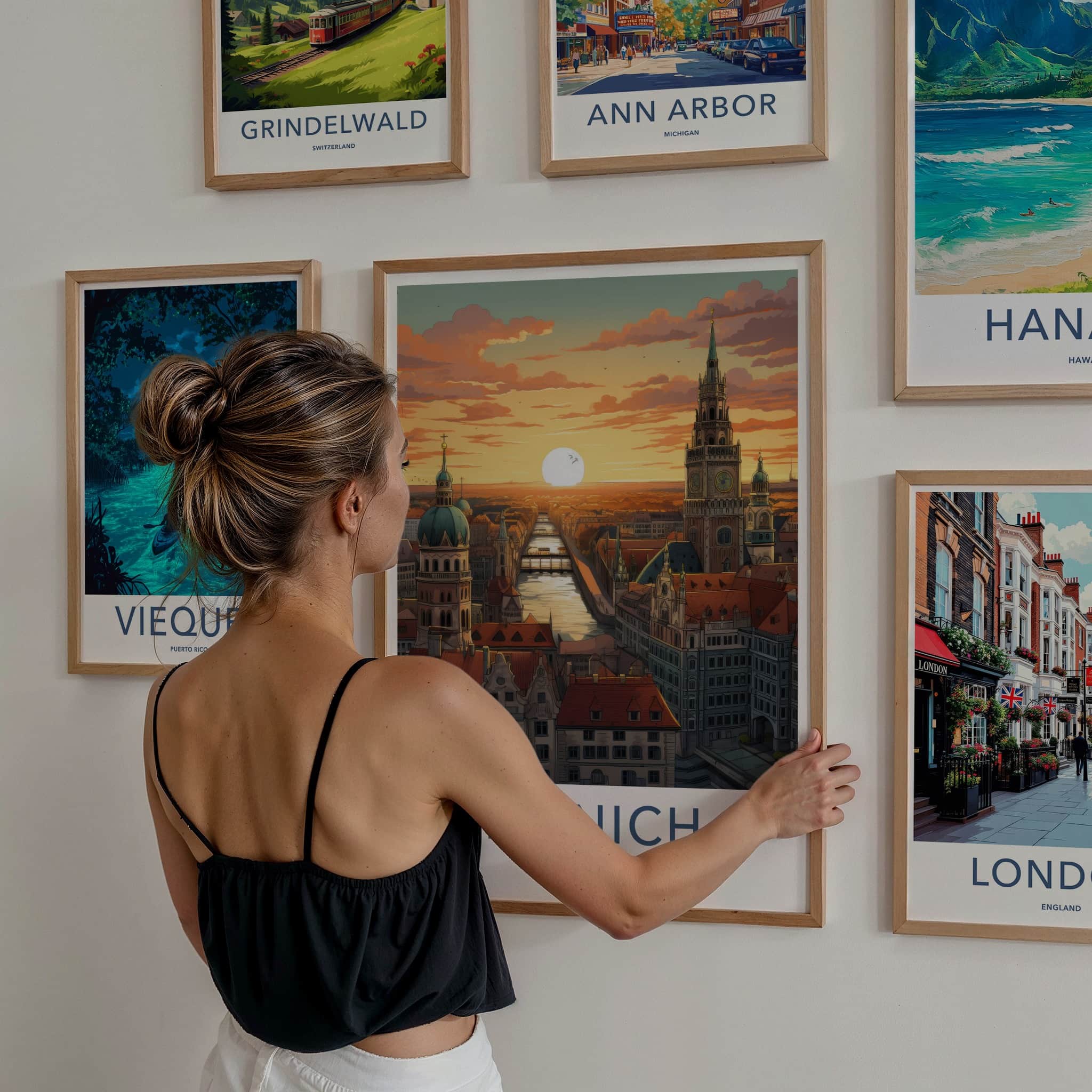 Munich Poster - Germany Travel Art - Cityscape River Sunset Home Decor