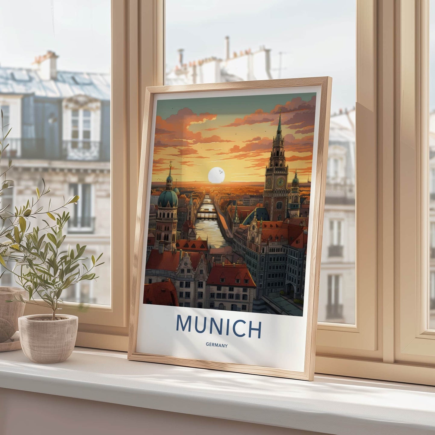 Munich Poster - Germany Travel Art - Cityscape River Sunset Home Decor