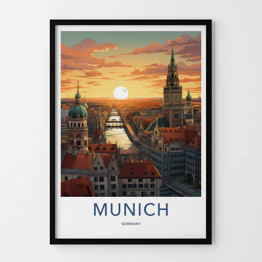 Munich Poster - Germany Travel Art - Cityscape River Sunset Home Decor
