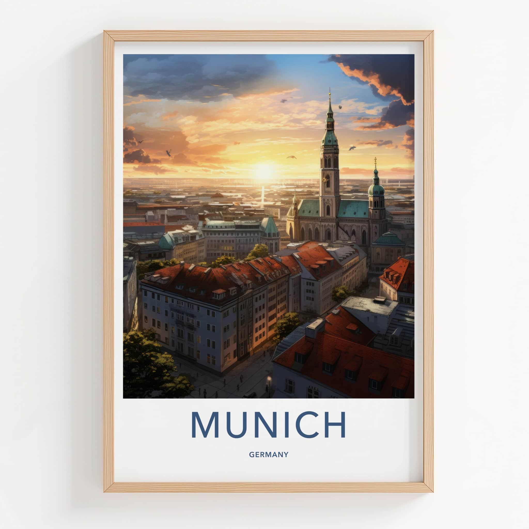 Munich Poster - Germany Travel Art - Cityscape Sunset Glow Home Decor