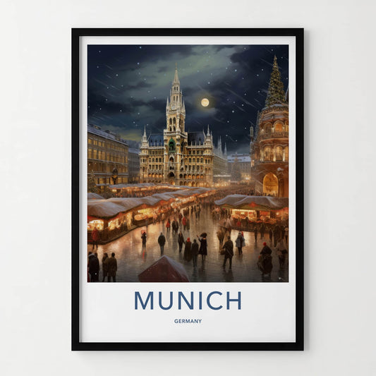 Munich Poster - Germany Travel Art - Night market festive Home Decor