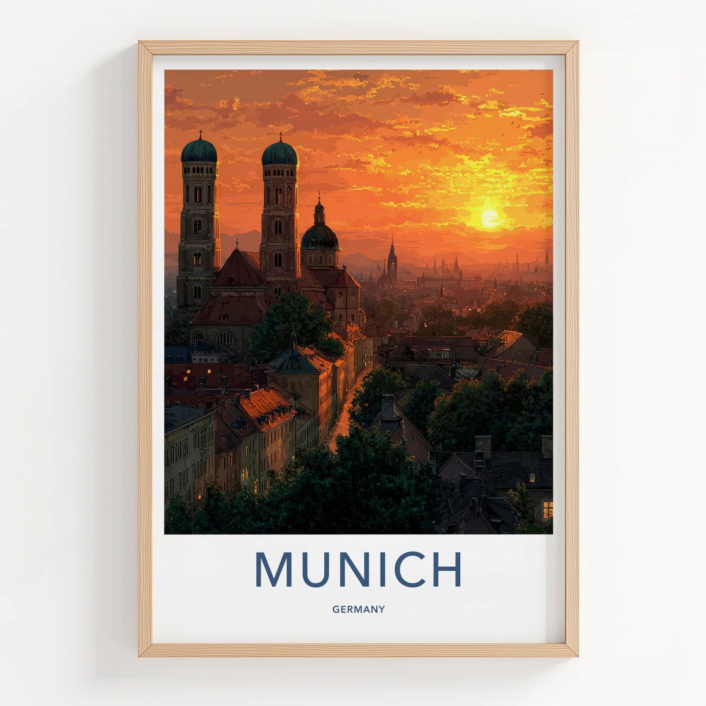 Munich Poster - Germany Travel Art - Orange Sunset Rooftops Home Decor