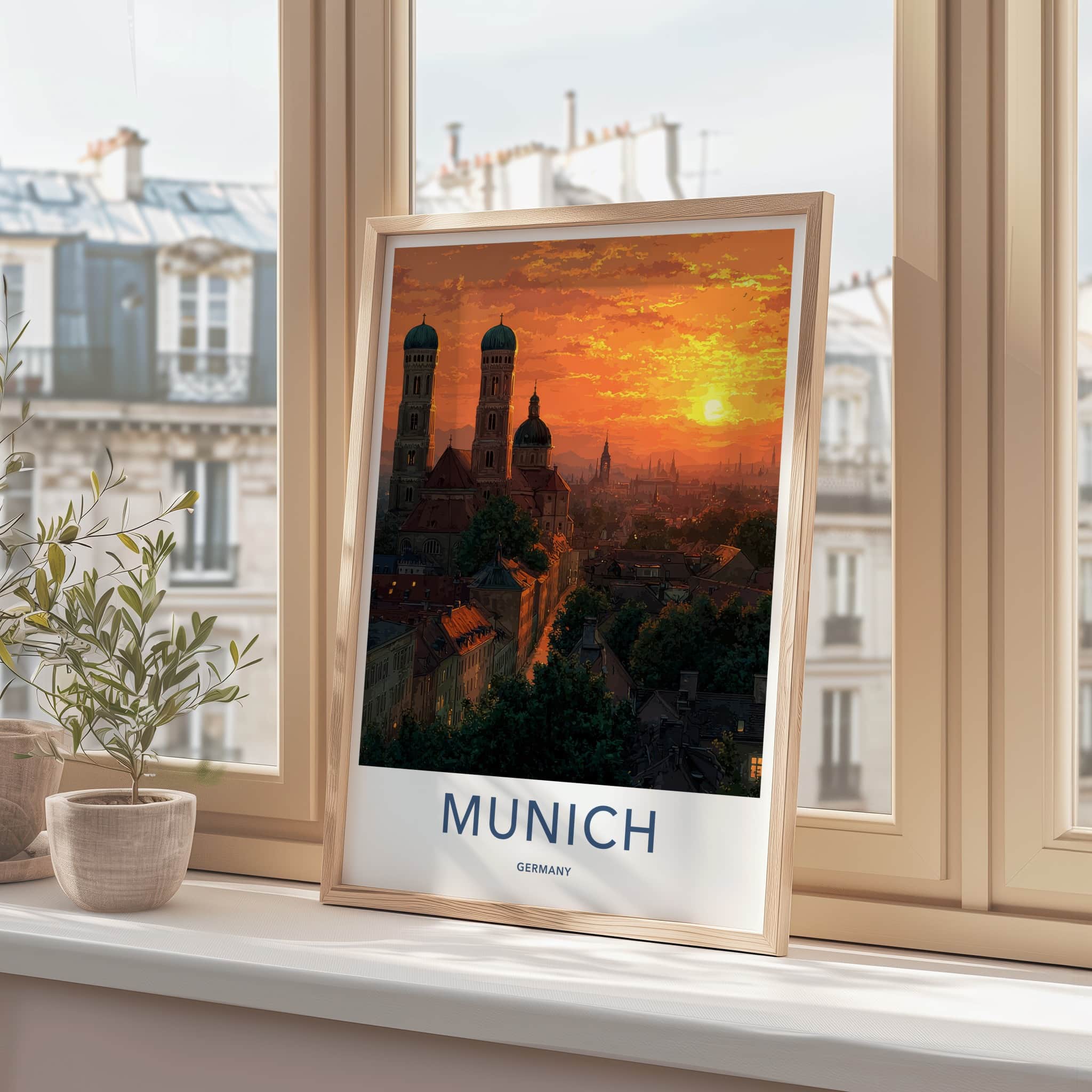 Munich Poster - Germany Travel Art - Orange Sunset Rooftops Home Decor