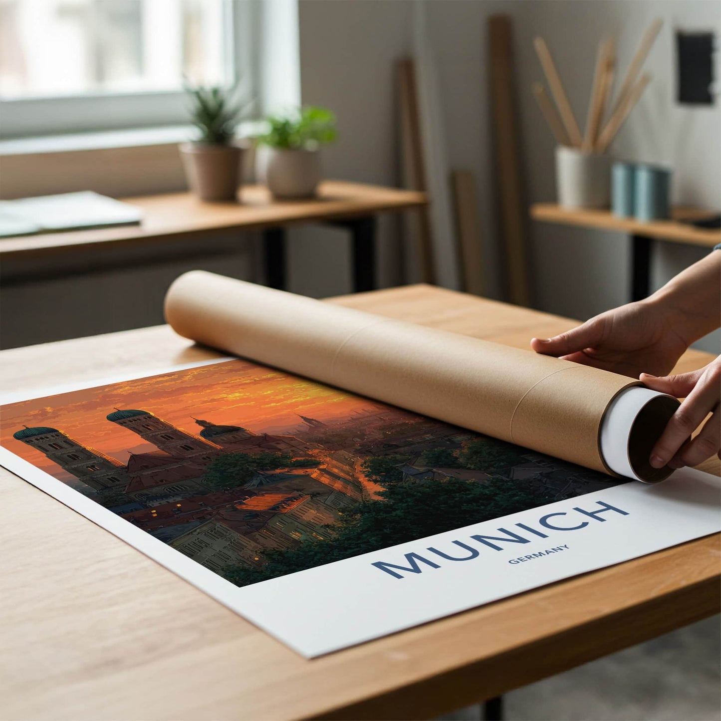 Munich Poster - Germany Travel Art - Orange Sunset Rooftops Home Decor