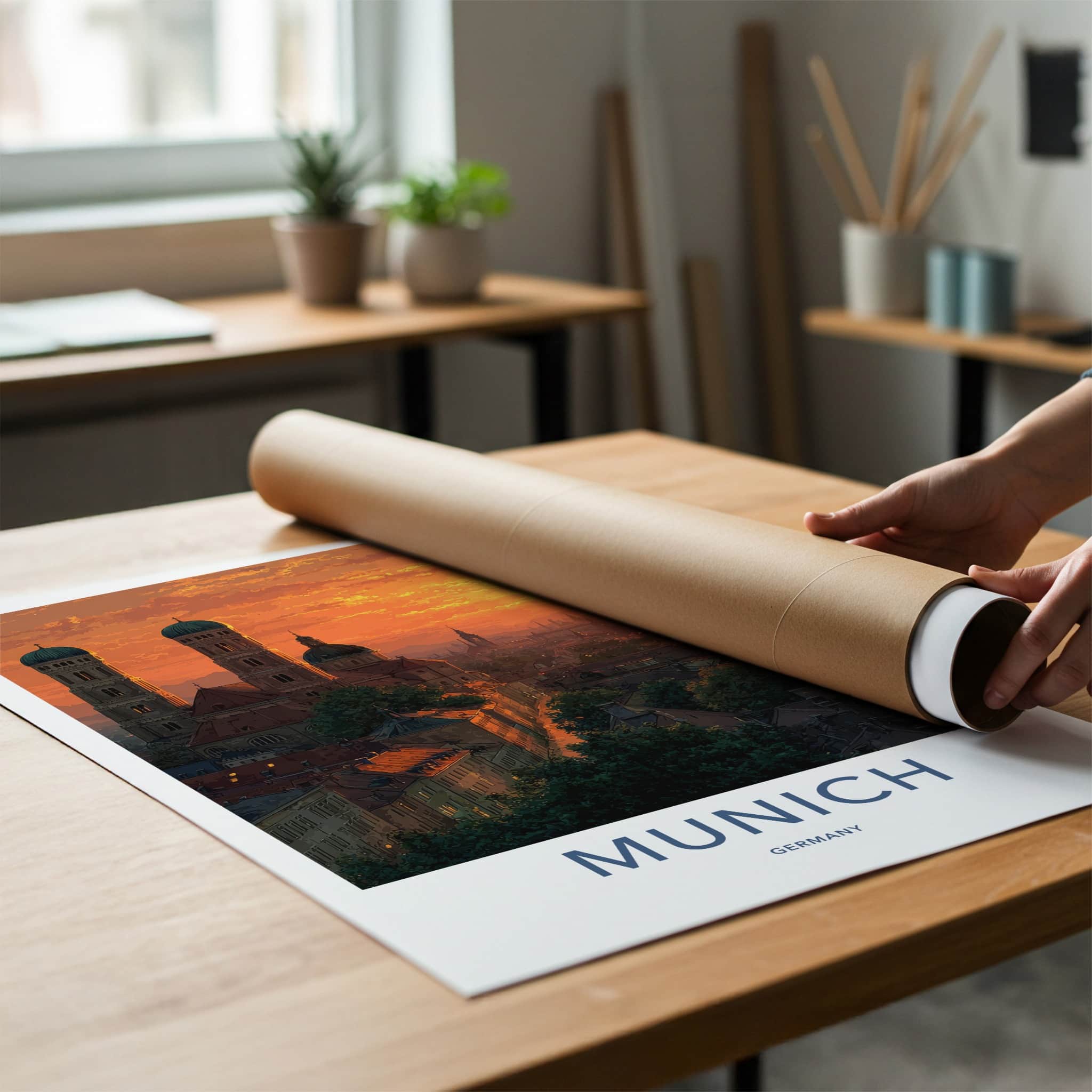 Munich Poster - Germany Travel Art - Orange Sunset Rooftops Home Decor