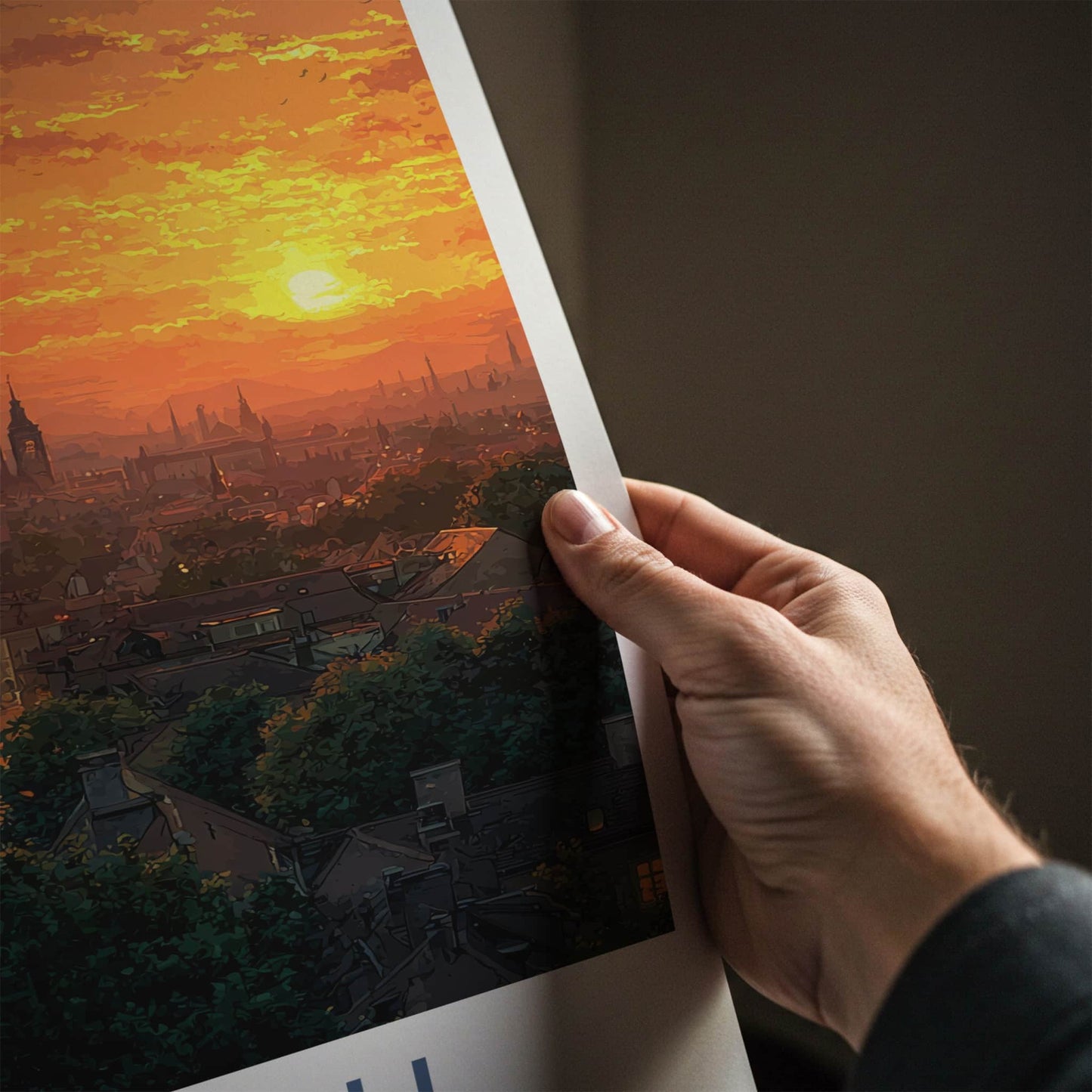 Munich Poster - Germany Travel Art - Orange Sunset Rooftops Home Decor