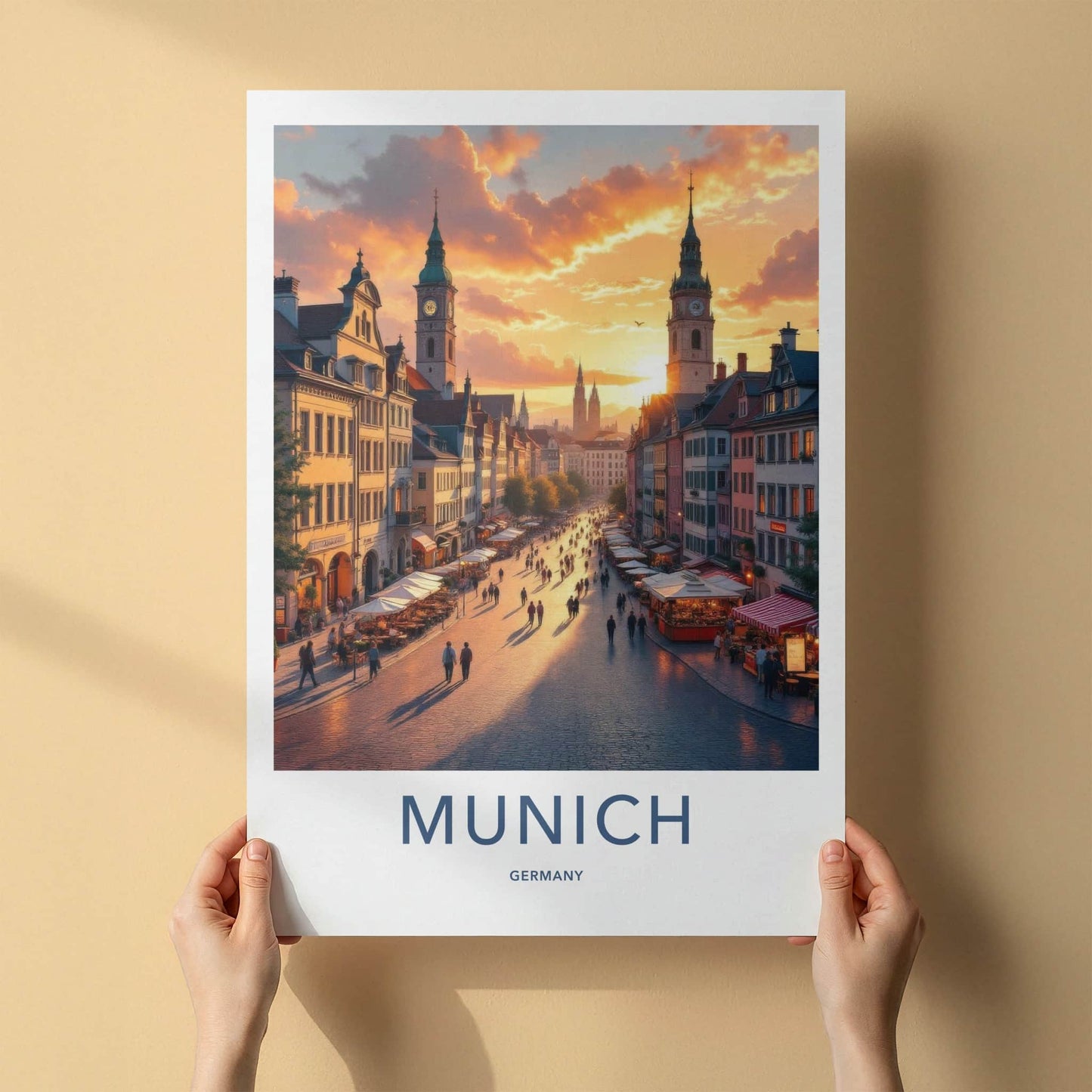 Munich Poster - Germany Travel Art - Sunset Street Scene Home Decor