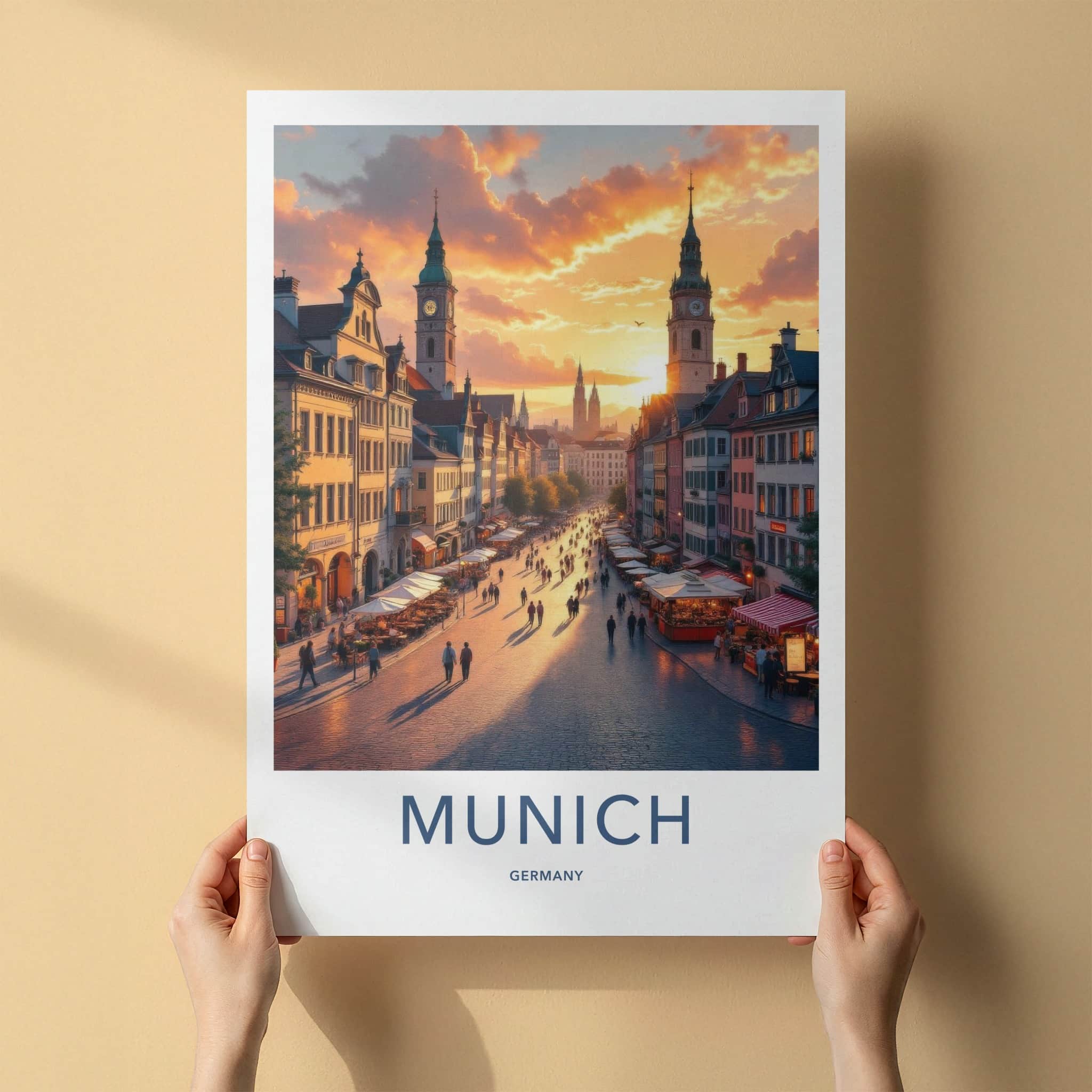 Munich Poster - Germany Travel Art - Sunset Street Scene Home Decor