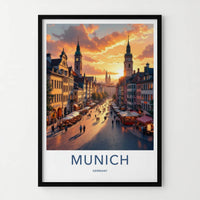 Munich Poster - Germany Travel Art - Sunset Street Scene Home Decor
