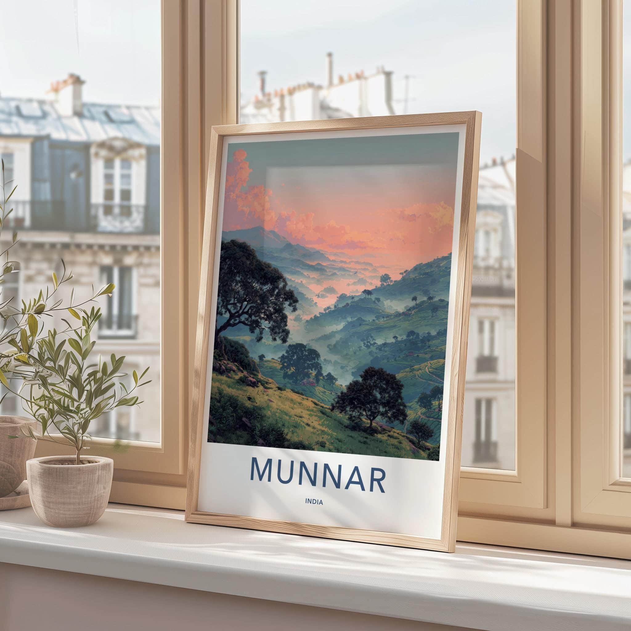 Munnar Poster - India Travel Art - Kerala Misty Tea Plantations Home Decor