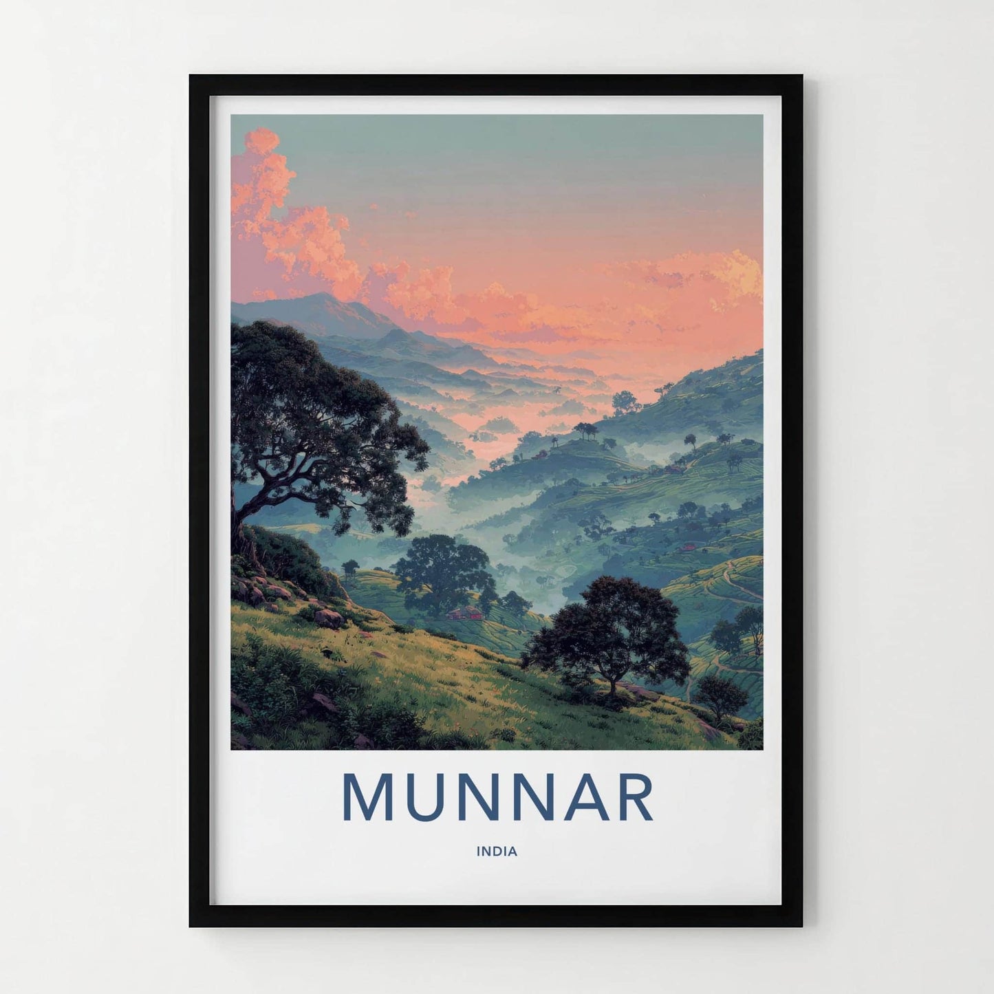 Munnar Poster - India Travel Art - Kerala Misty Tea Plantations Home Decor