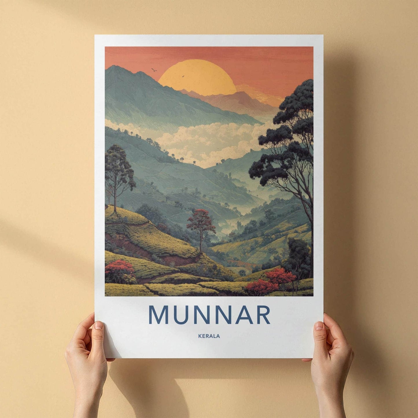 Munnar Poster - India Travel Art - Kerala Misty Tea Slopes Home Decor
