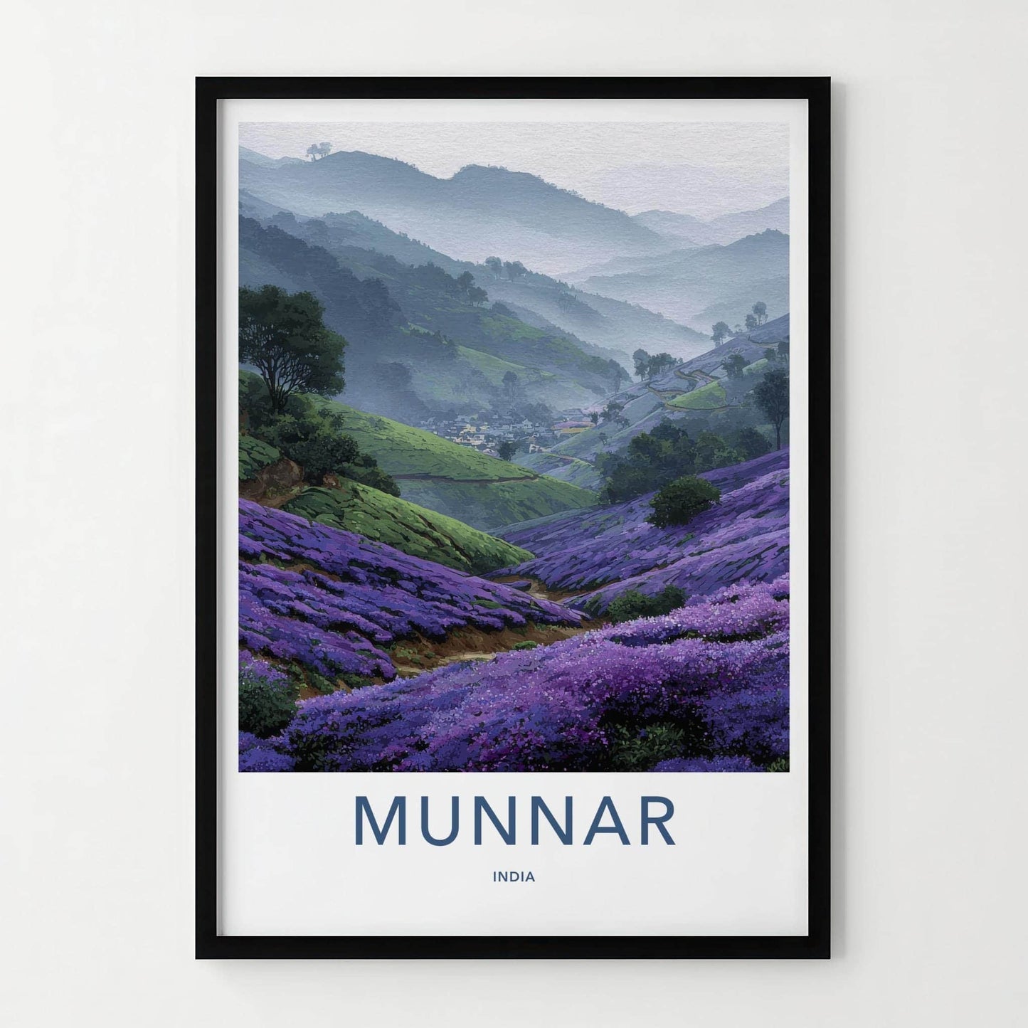 Munnar Poster - India Travel Art - Kerala Misty Valley Flowers Home Decor