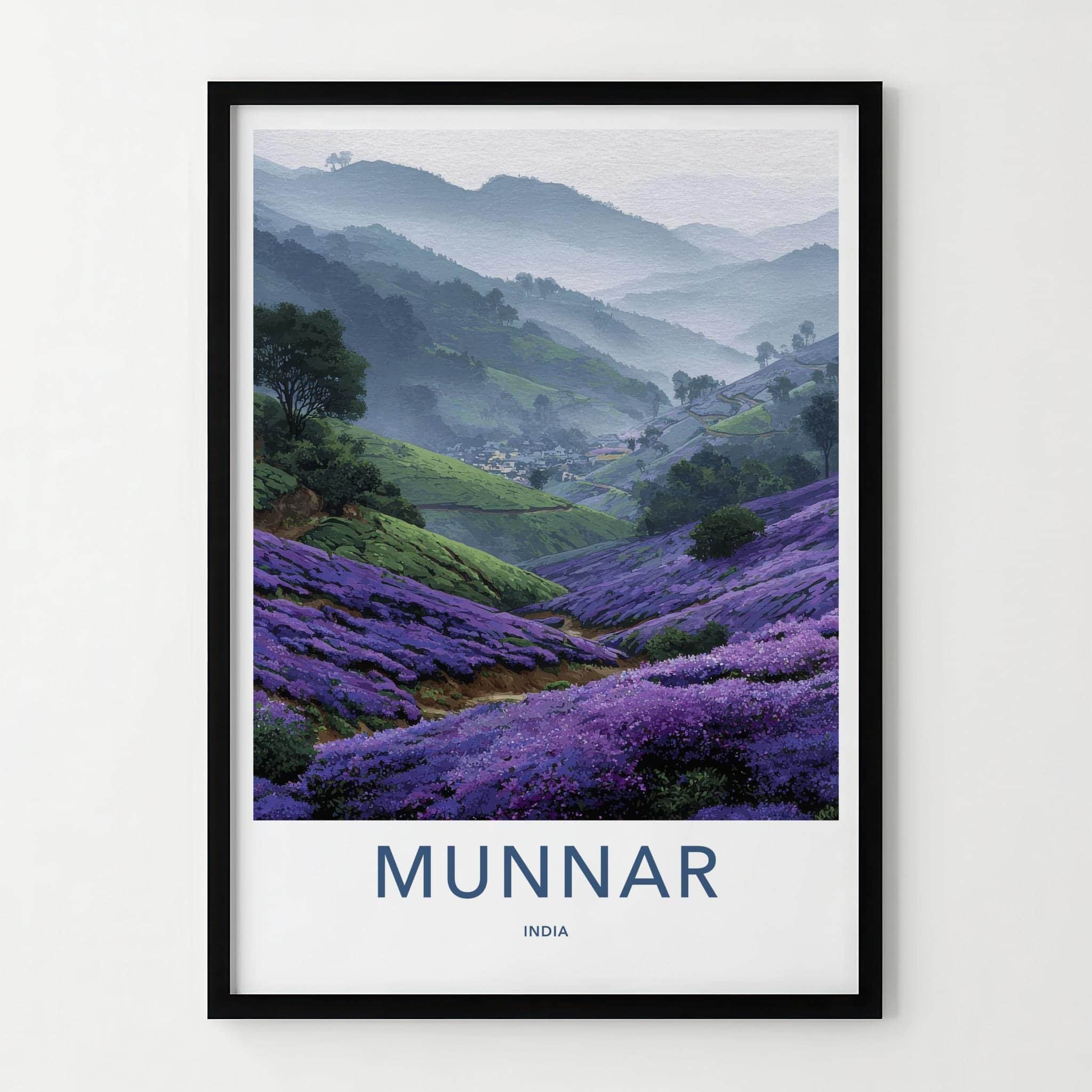 Munnar Poster - India Travel Art - Kerala Misty Valley Flowers Home Decor