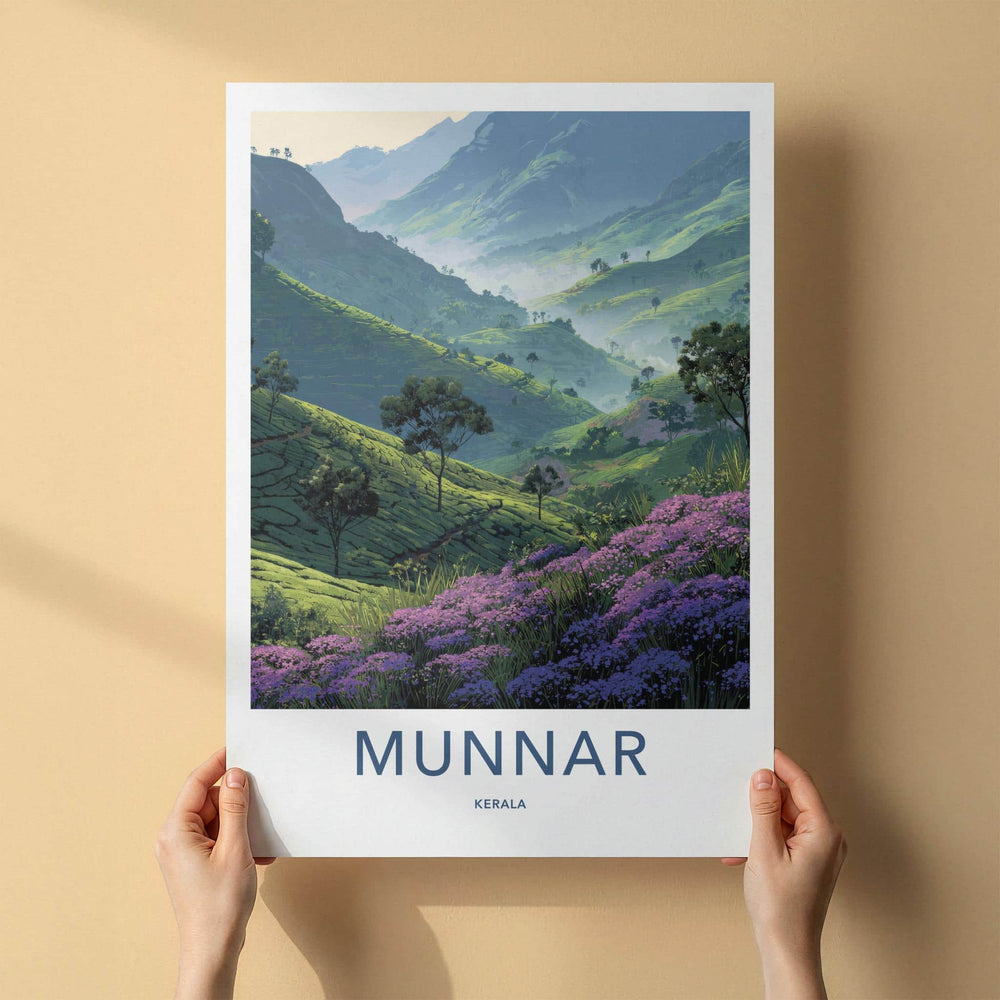 Munnar Poster - India Travel Art - Kerala Purple Tea Fields Home Decor