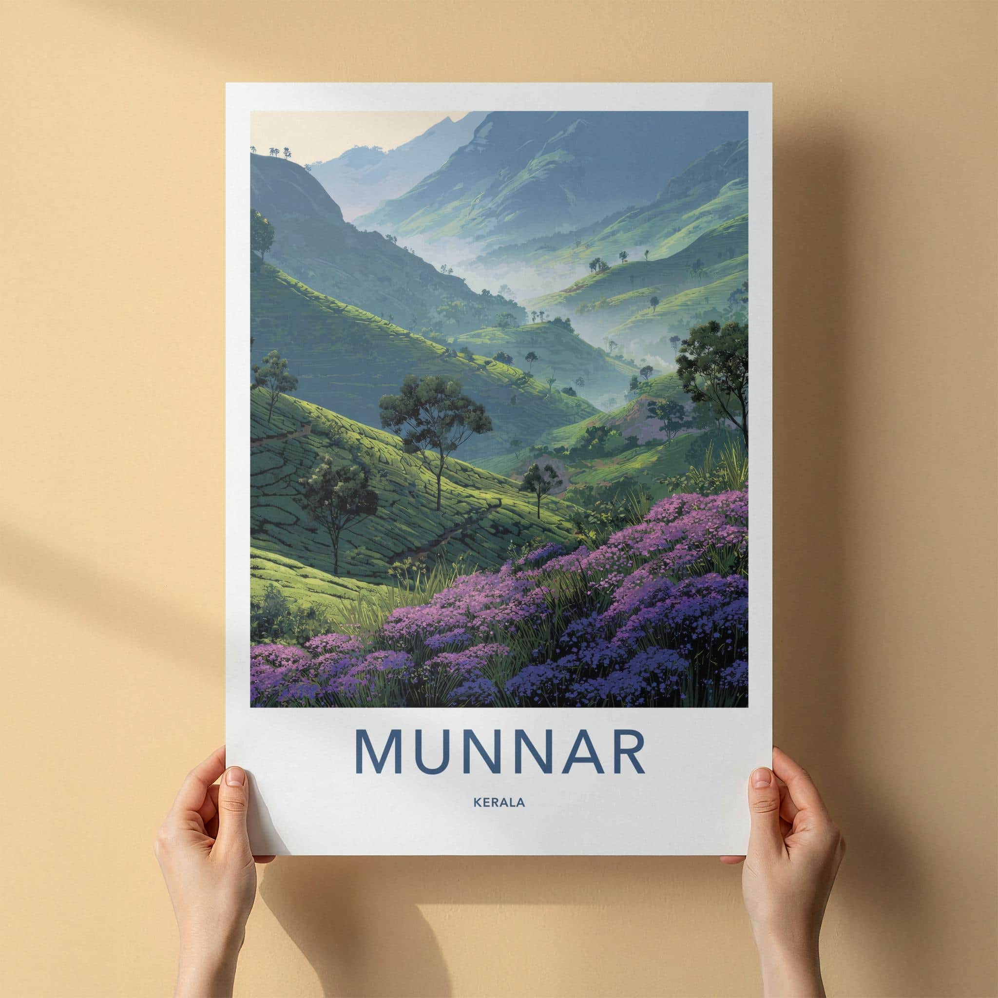 Munnar Poster - India Travel Art - Kerala Purple Tea Fields Home Decor