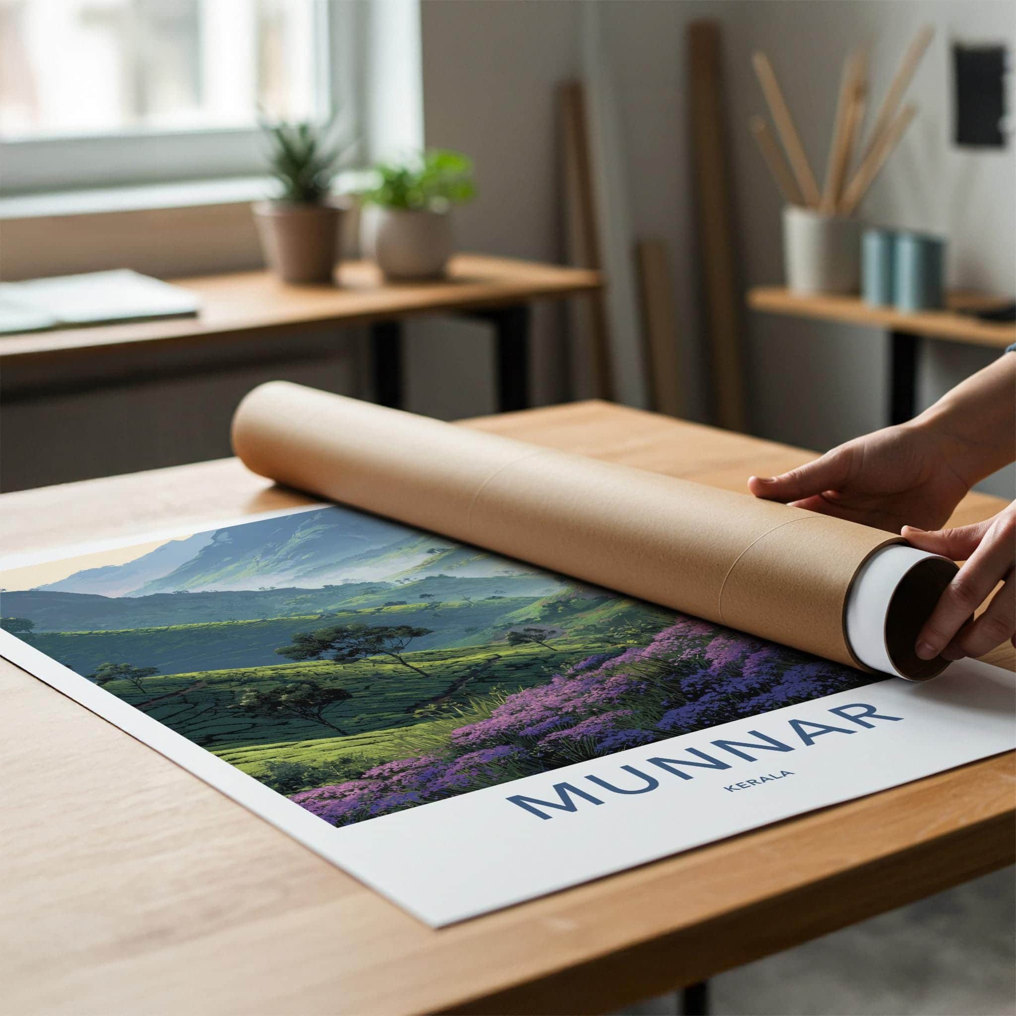 Munnar Poster - India Travel Art - Kerala Purple Tea Fields Home Decor