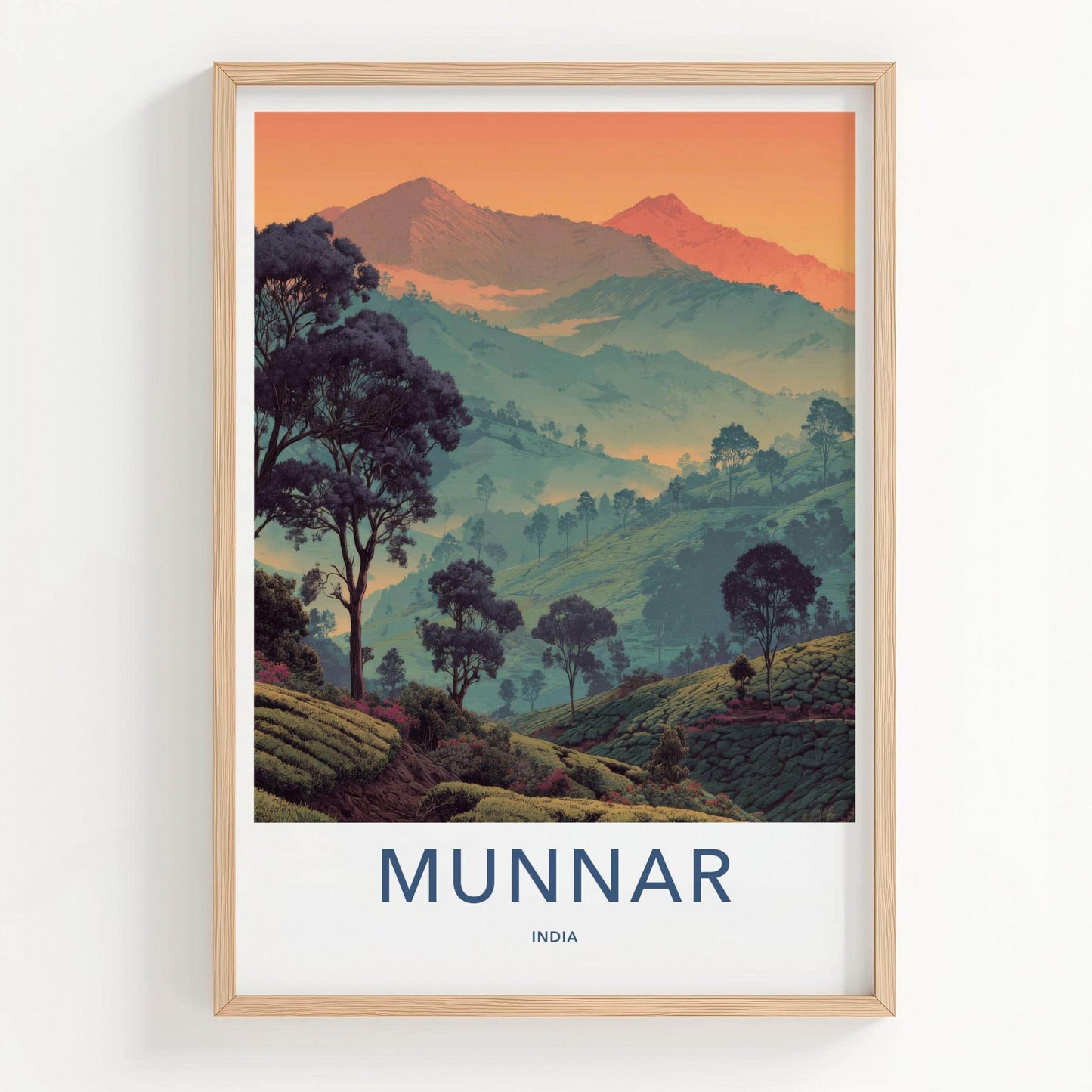 Munnar Poster - India Travel Art - Kerala Rolling Tea Gardens Home Decor